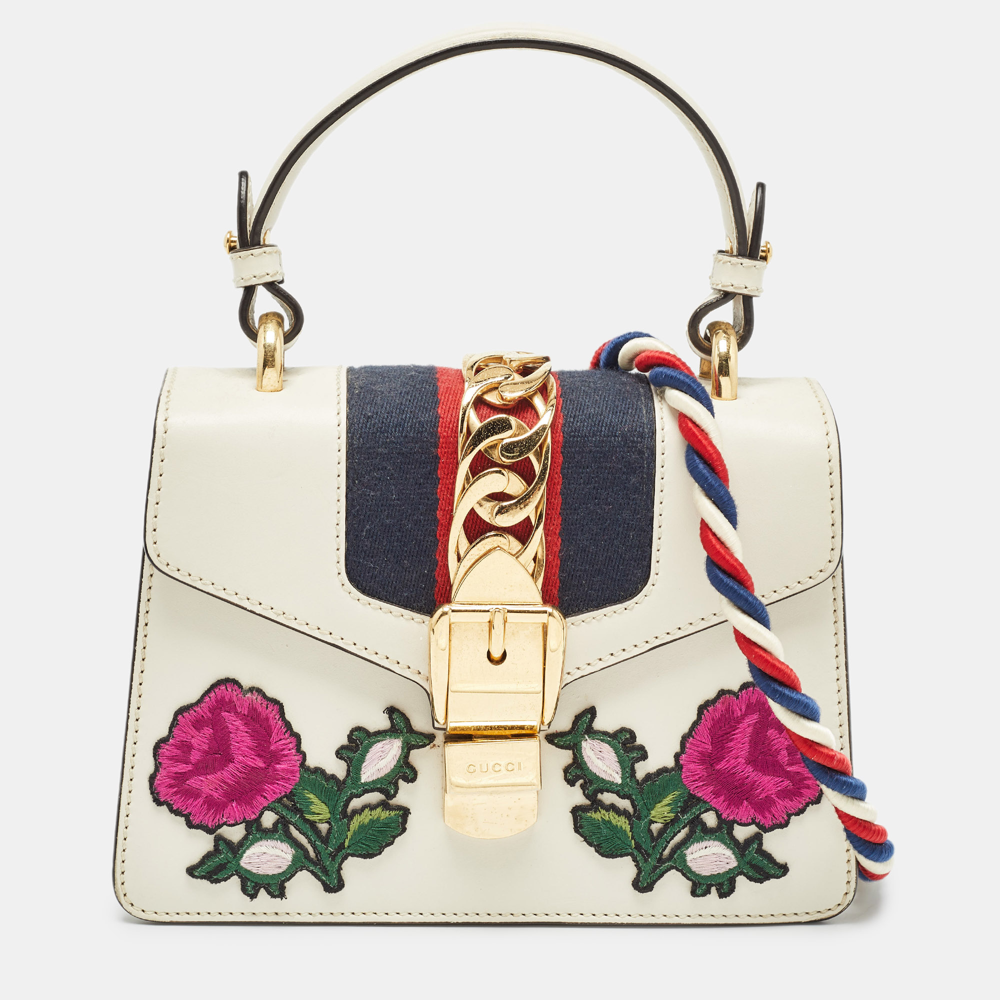 Gucci off white leather mini floral patch sylvie top handle bag