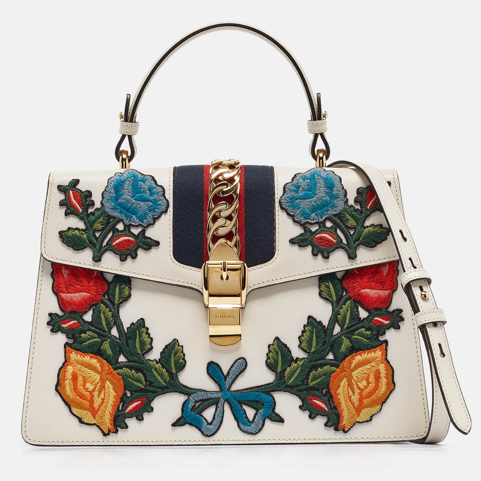 Gucci white floral embroidered leather medium sylvie top handle bag