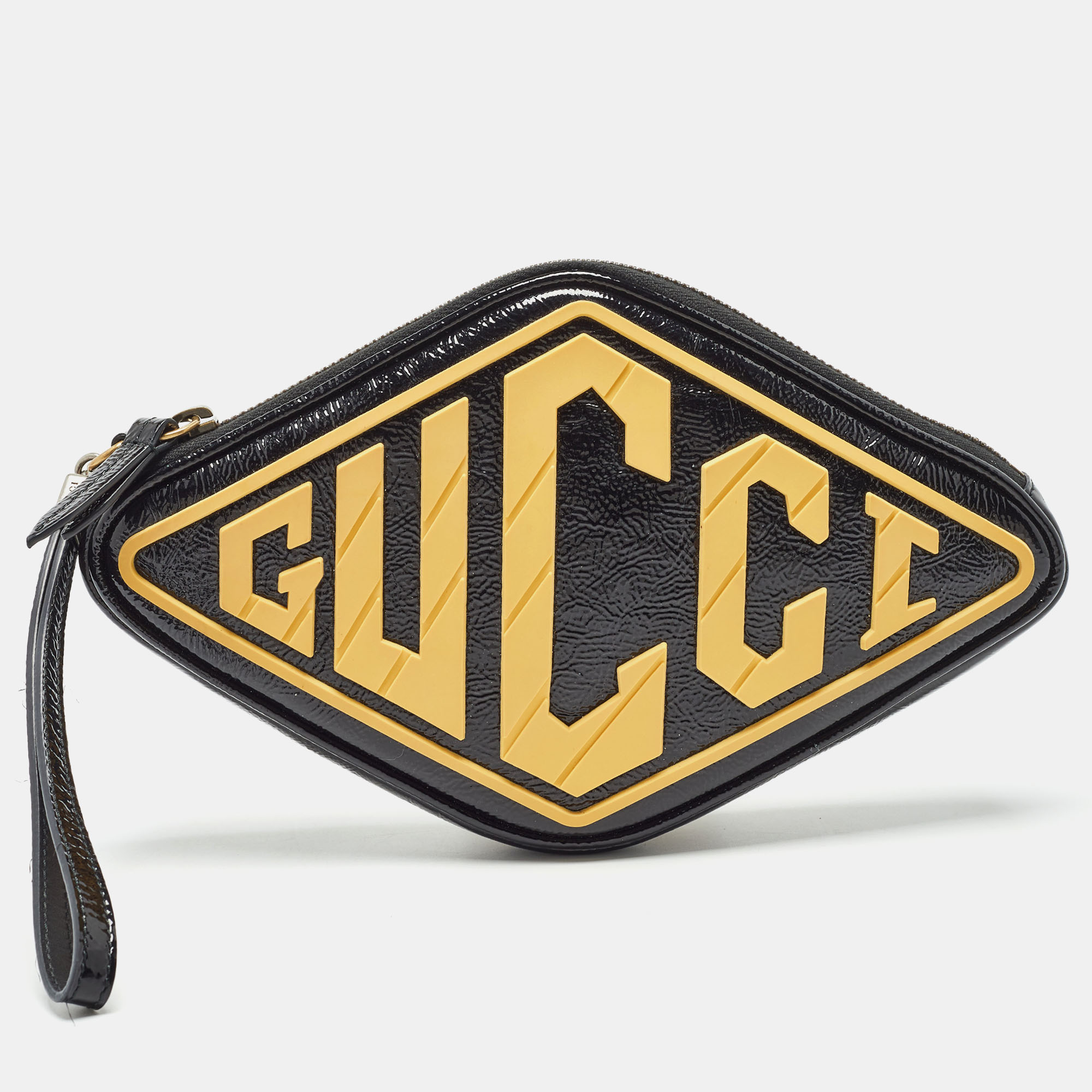 Gucci black/yellow patent leather and rubber game patch wristlet clutch