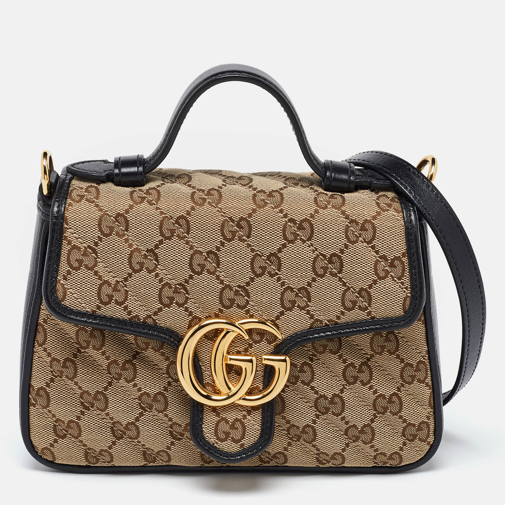 Gucci black/beige gg matelass&eacute; canvas and leather mini gg marmont top handle bag
