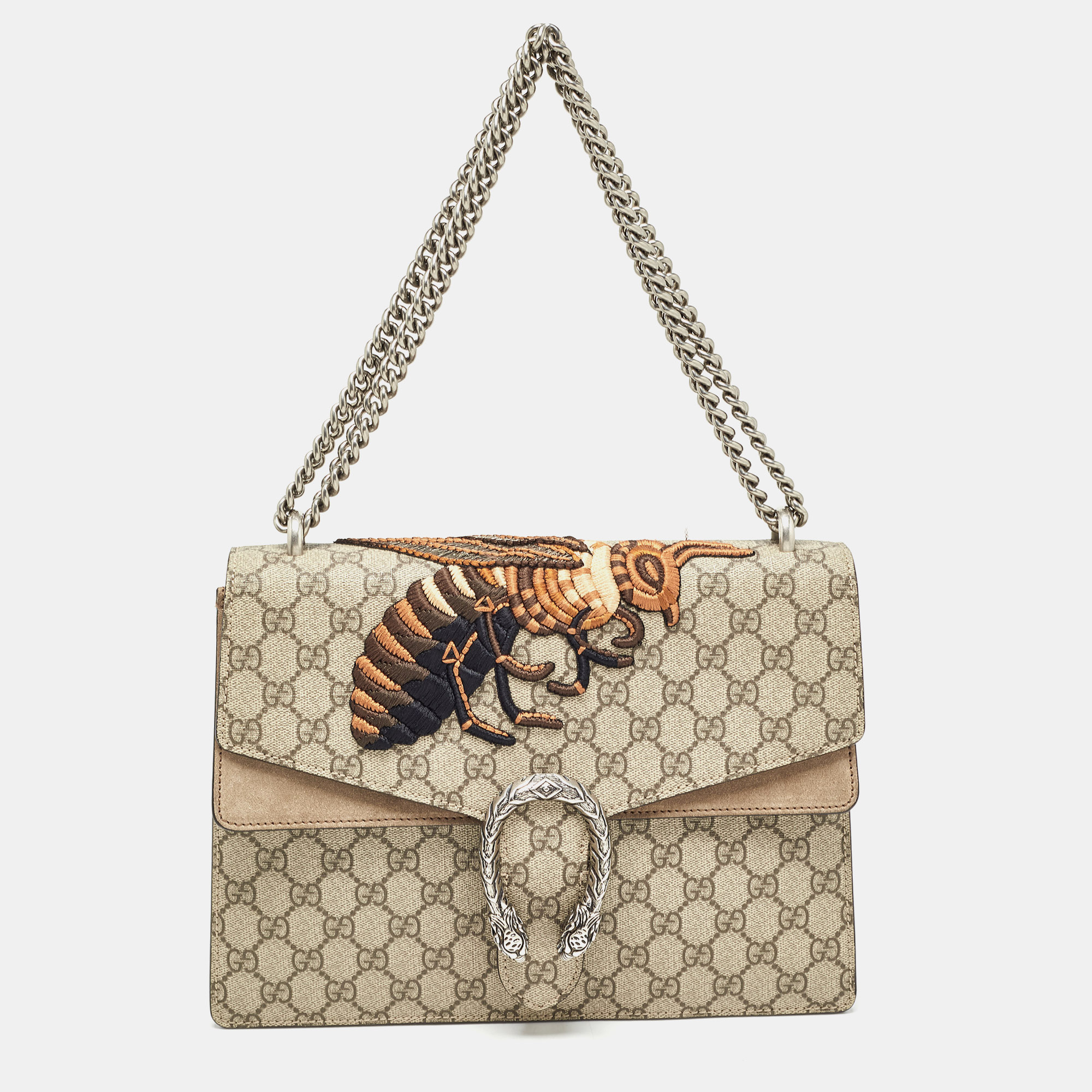 Gucci beige gg supreme canvas and suede medium bee embroidered dionysus shoulder bag