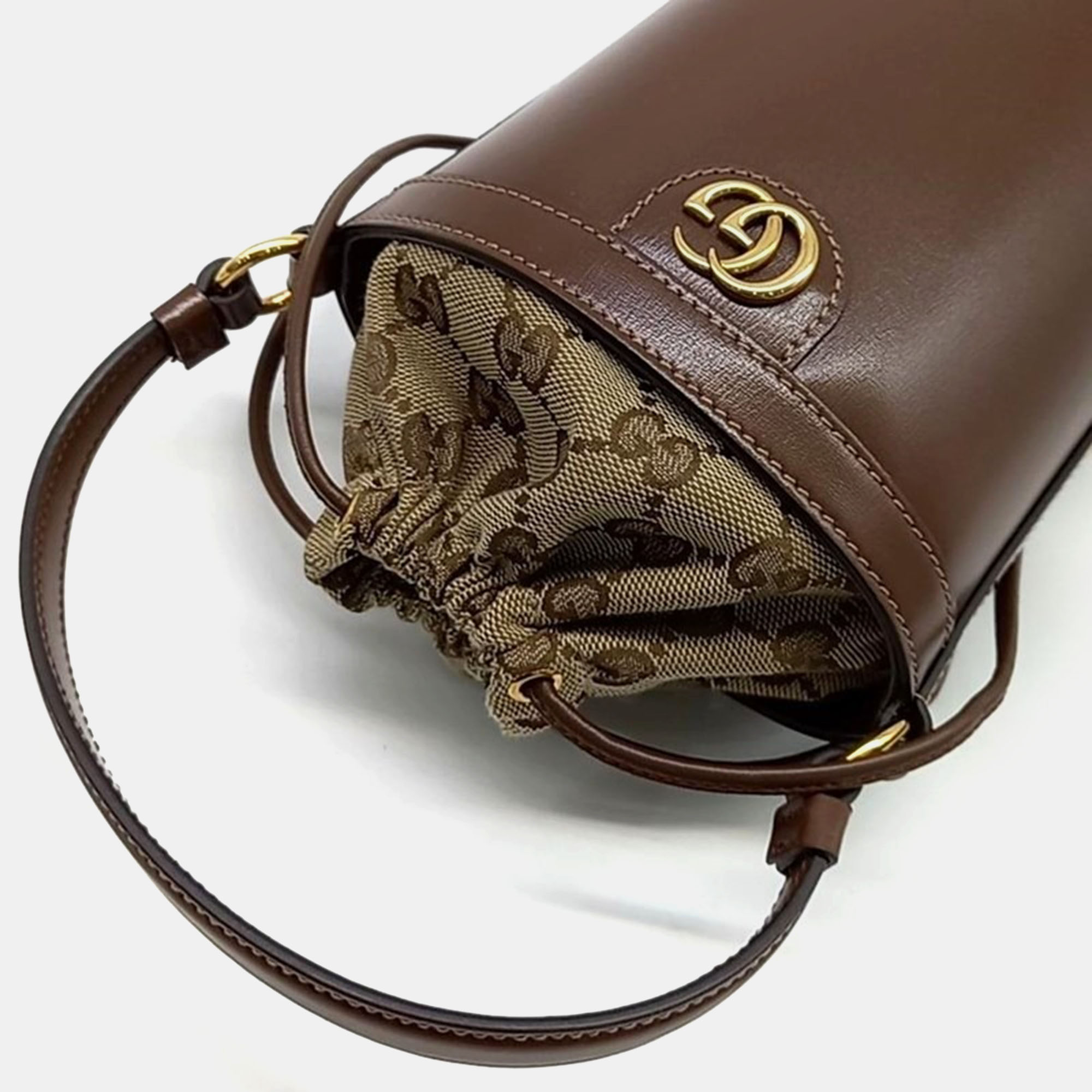 Gucci Brown/Beige Leather And Canvas Mini Ophidia Bucket Bag