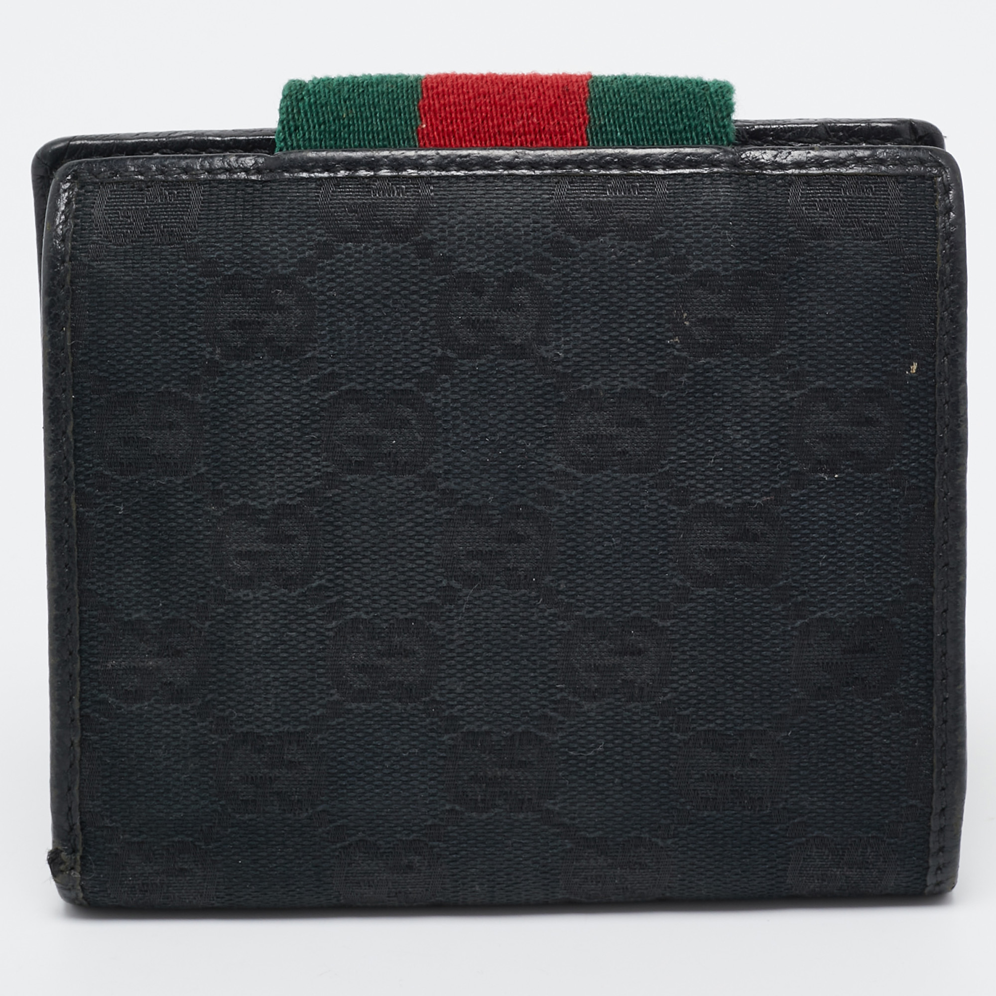 Gucci Black GG Canvas And Leather Web Flap French Wallet