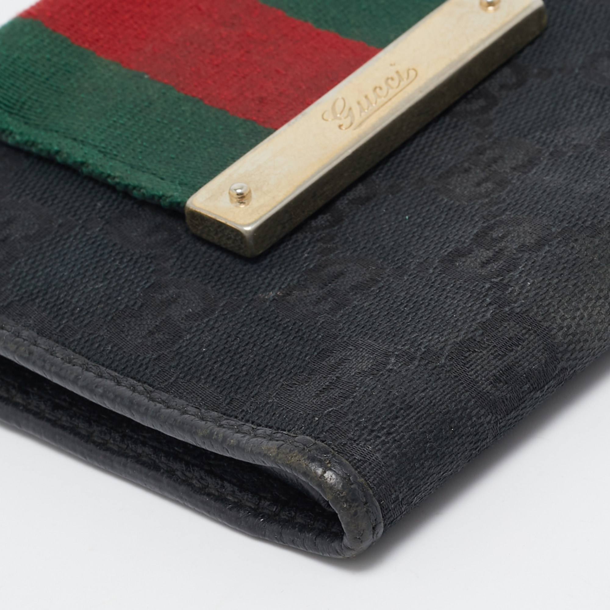 Gucci Black GG Canvas And Leather Web Flap French Wallet