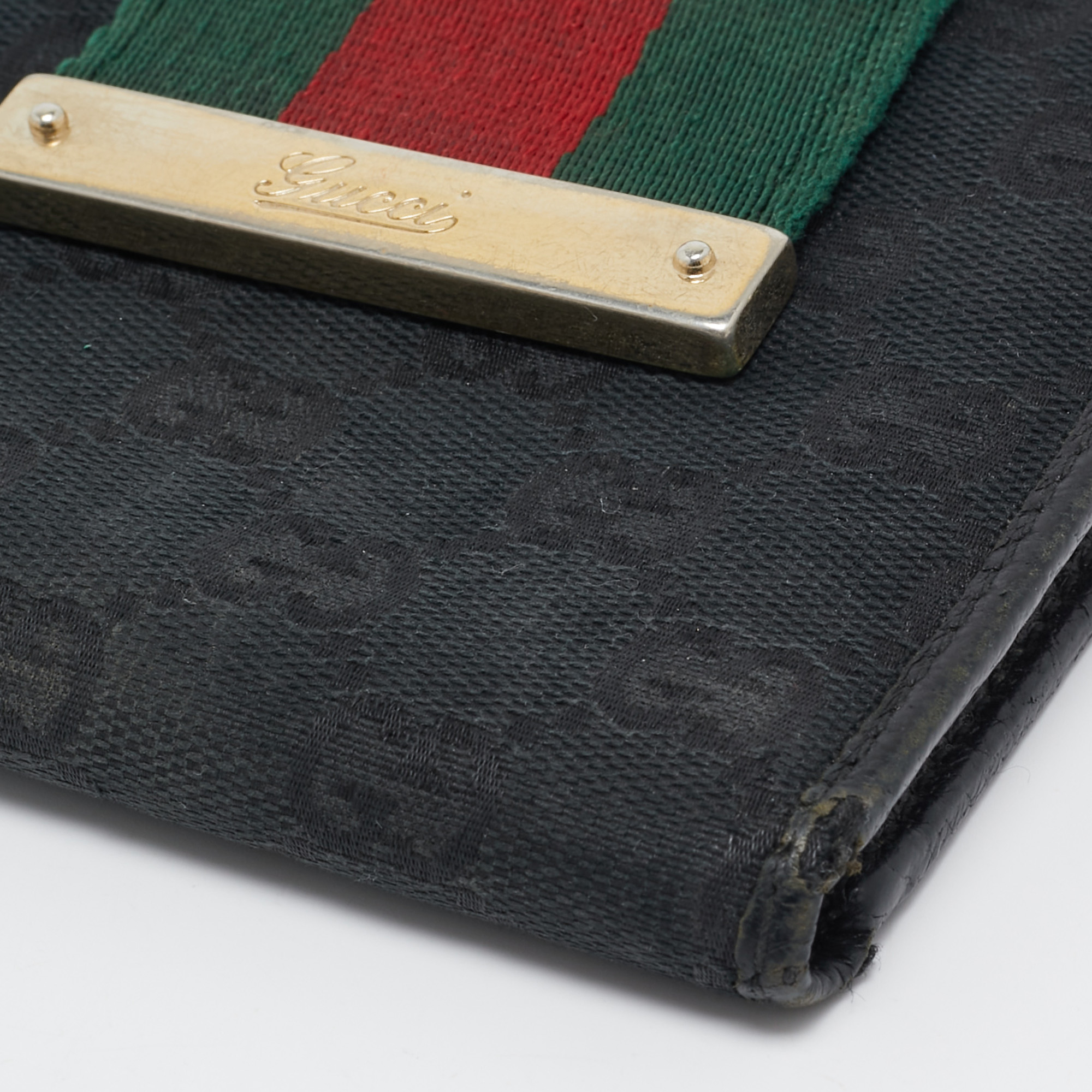 Gucci Black GG Canvas And Leather Web Flap French Wallet