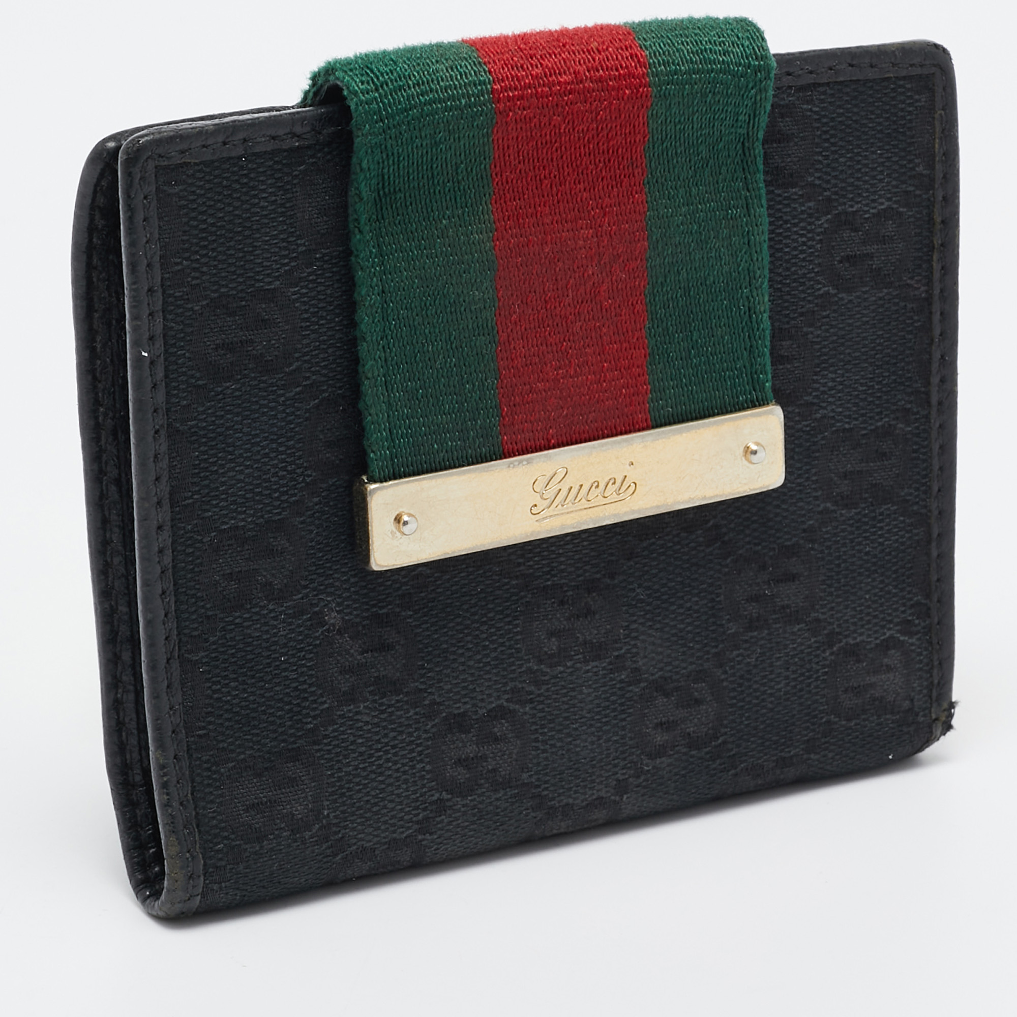 Gucci Black GG Canvas And Leather Web Flap French Wallet