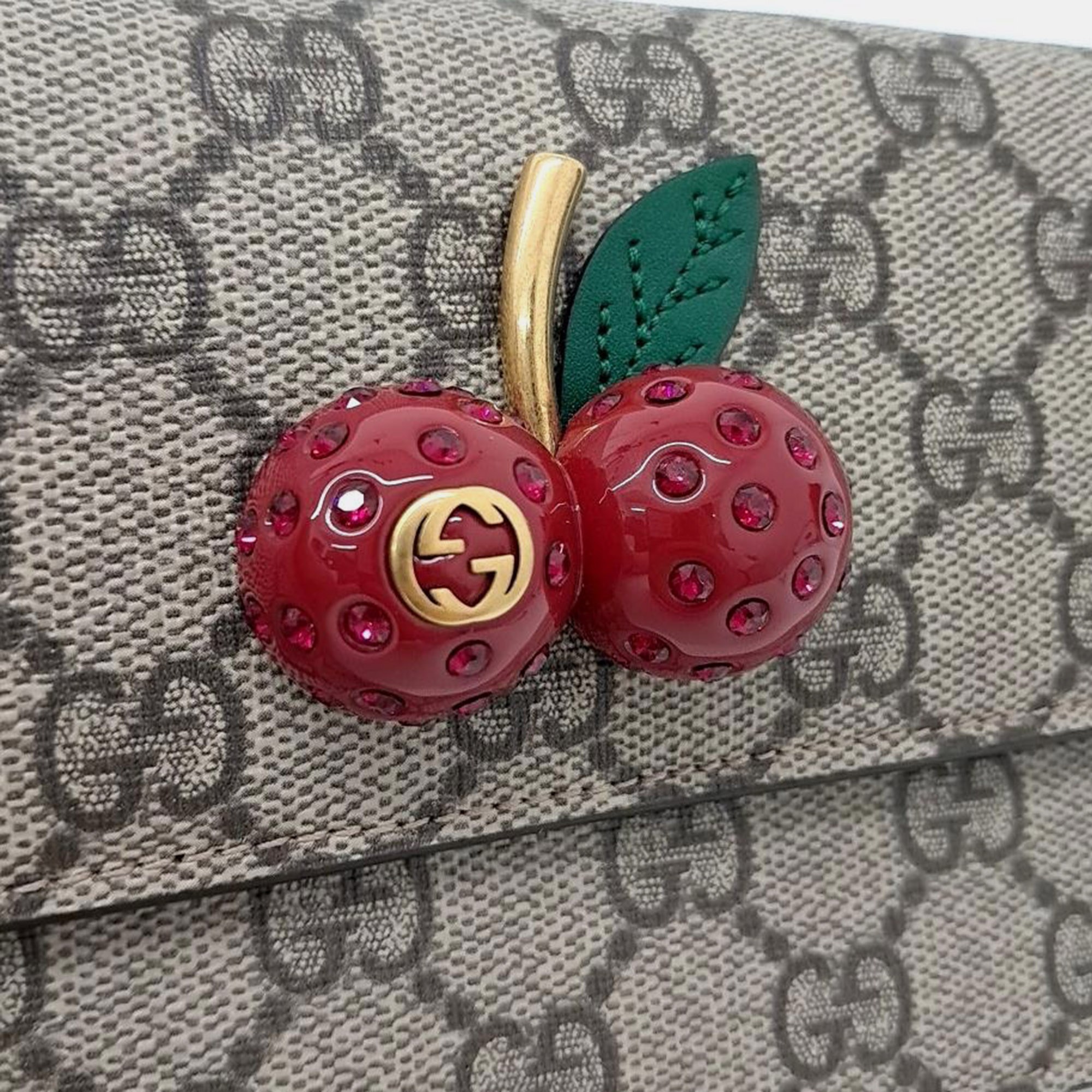 Gucci Beige GG Coated Canvas Mini Cherries Wallet On Chain