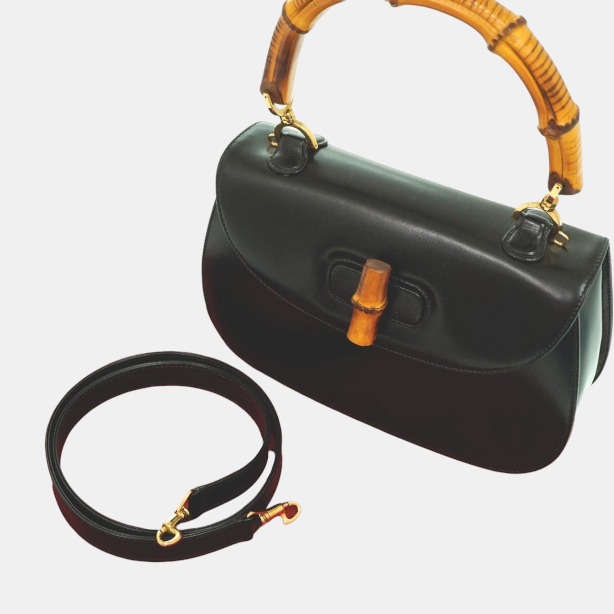 Gucci Black Leather Small Bamboo 1947 Handle Bag