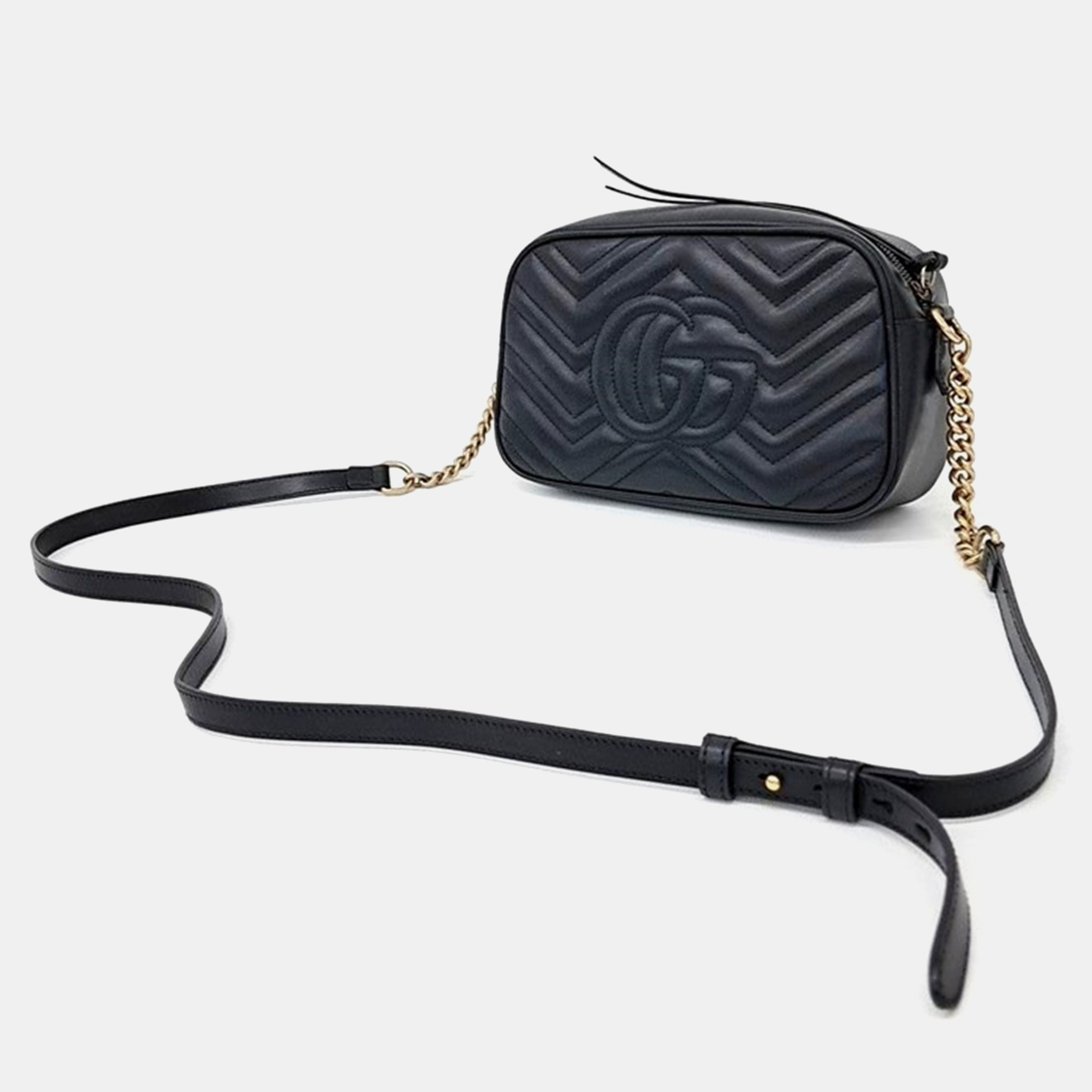 Gucci Black Calfskin Matelasse Small GG Marmont Chain Shoulder Bag