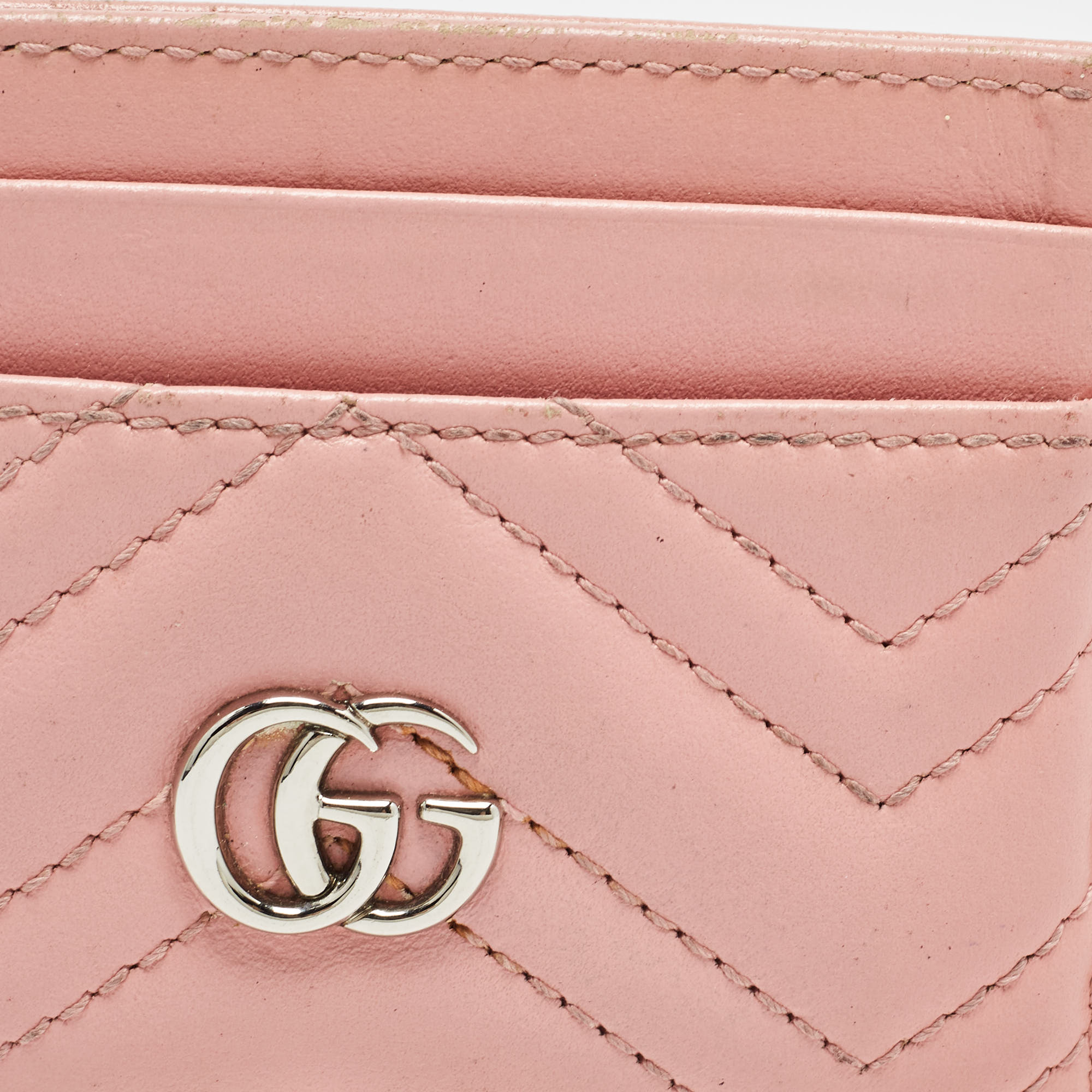 Gucci Pink Matelassé Leather GG Marmont Card Holder