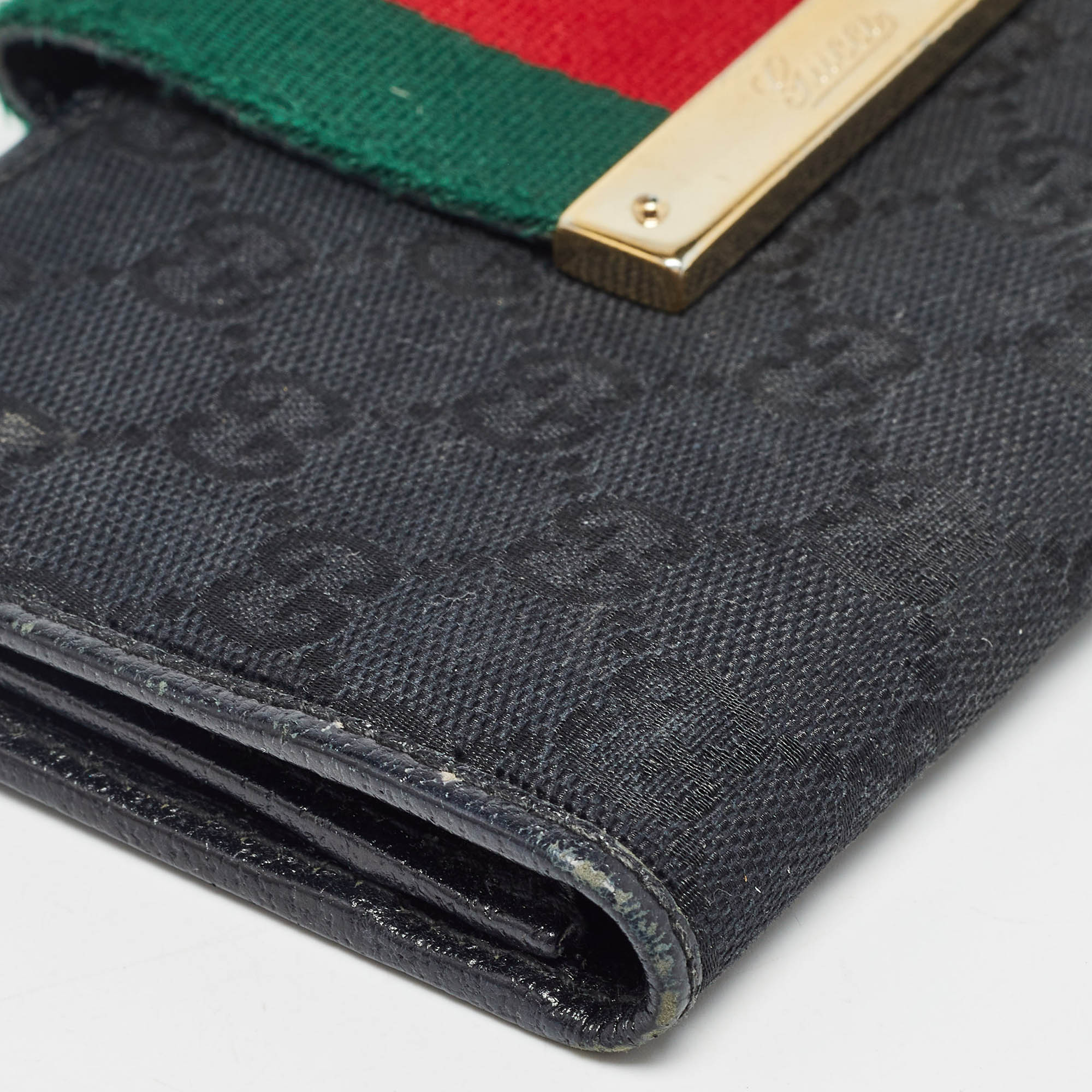 Gucci Black GG Canvas And Leather Web Flap Wallet