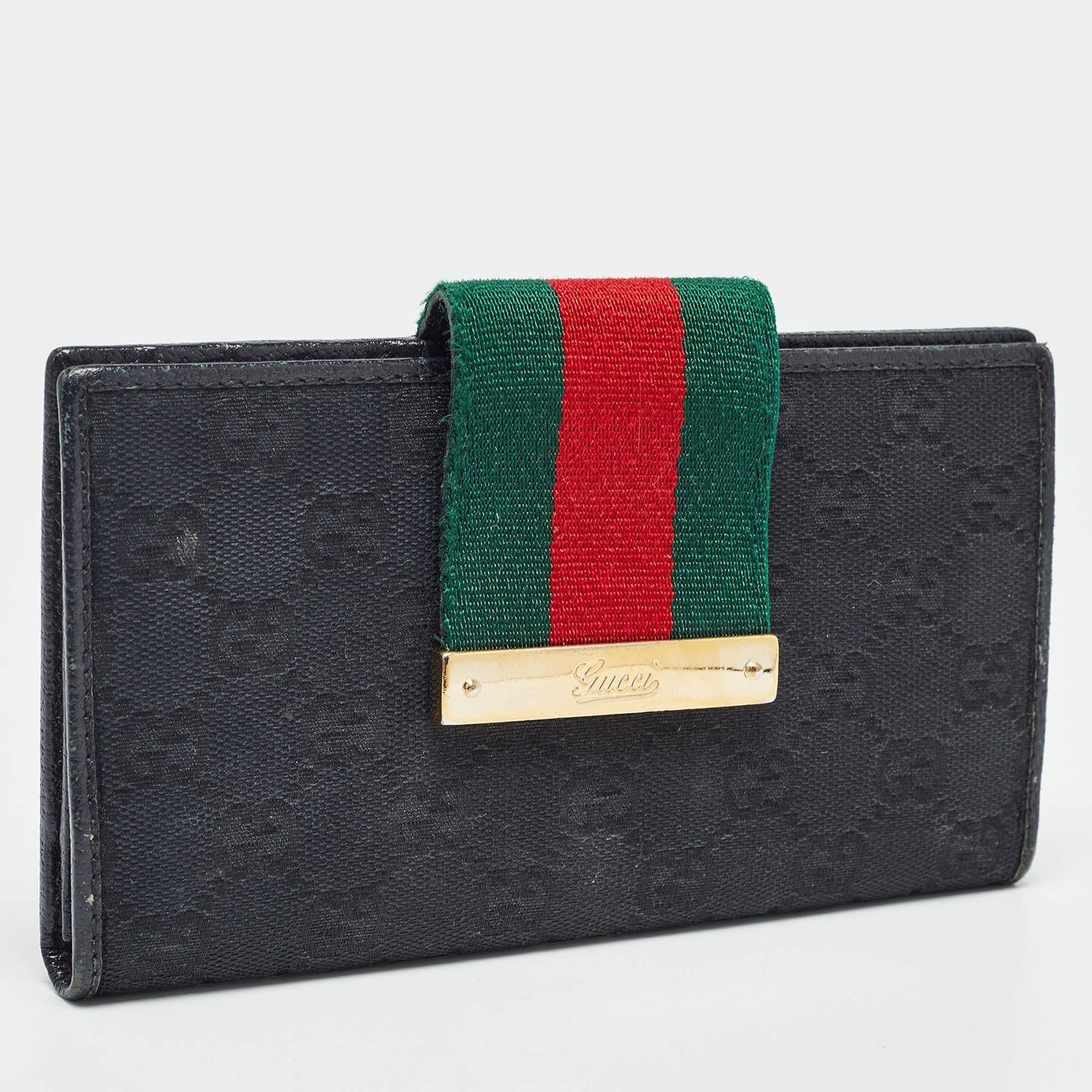 Gucci Black GG Canvas And Leather Web Flap Wallet