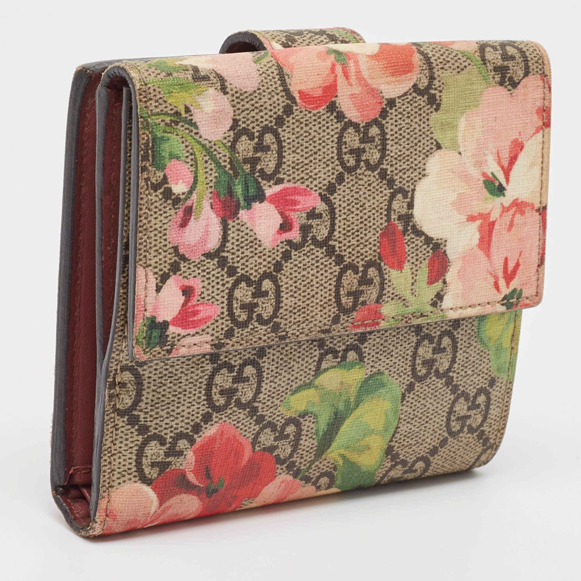 Gucci Pink/Beige GG Supreme Blooms Canvas French Flap Wallet