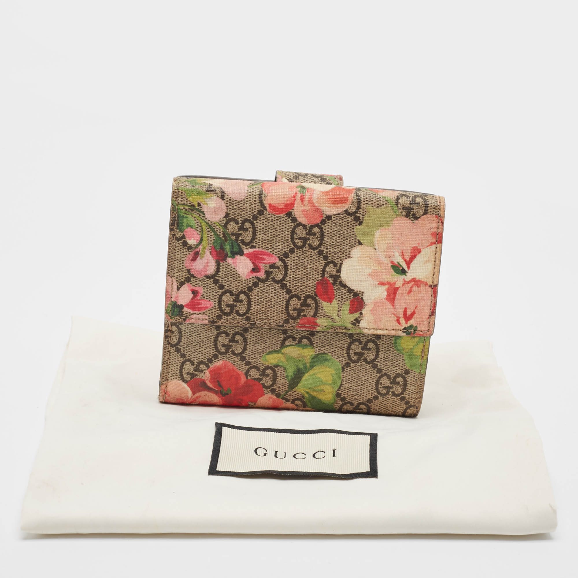 Gucci Pink/Beige GG Supreme Blooms Canvas French Flap Wallet