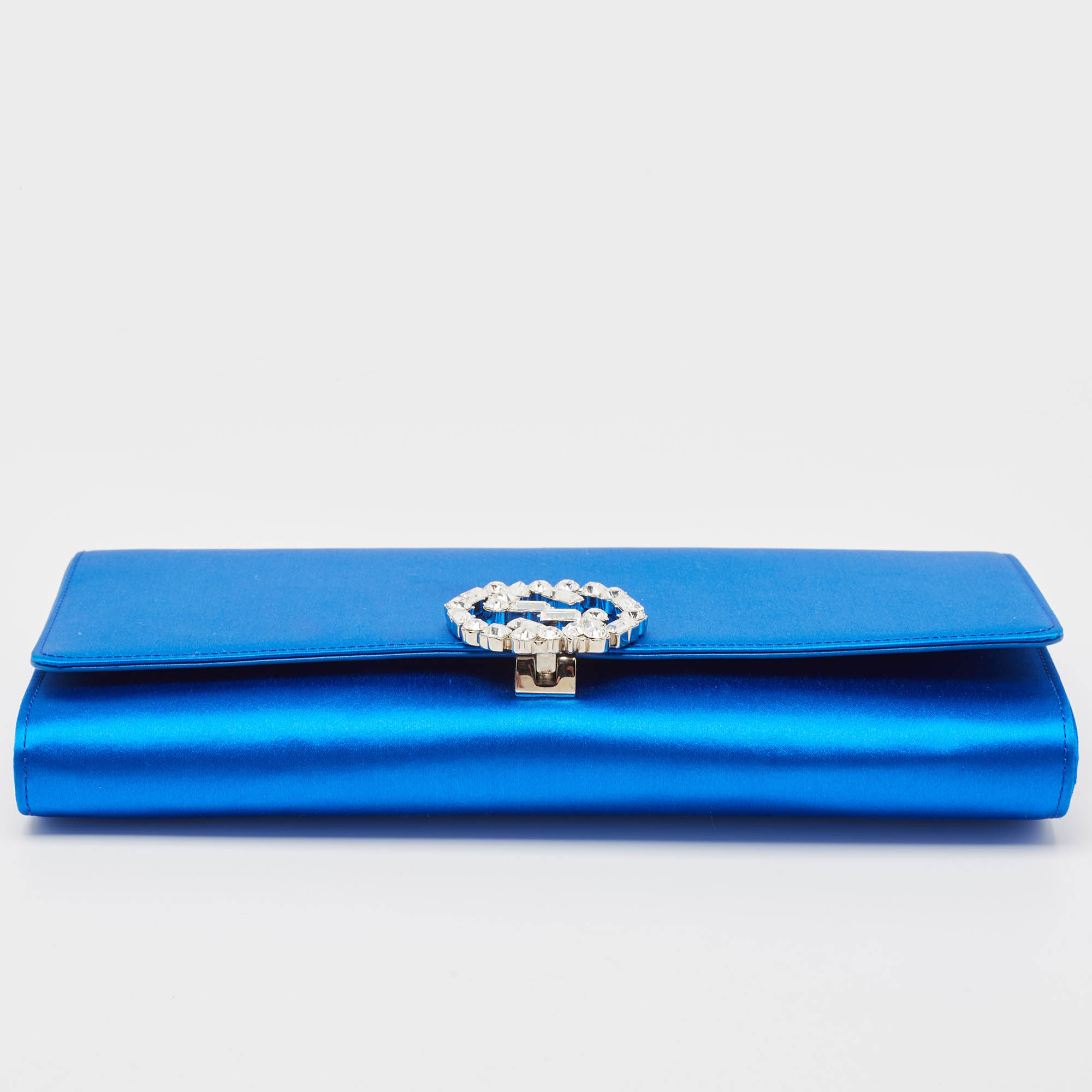 Gucci Royal Blue Satin GG Crystals Broadway Clutch