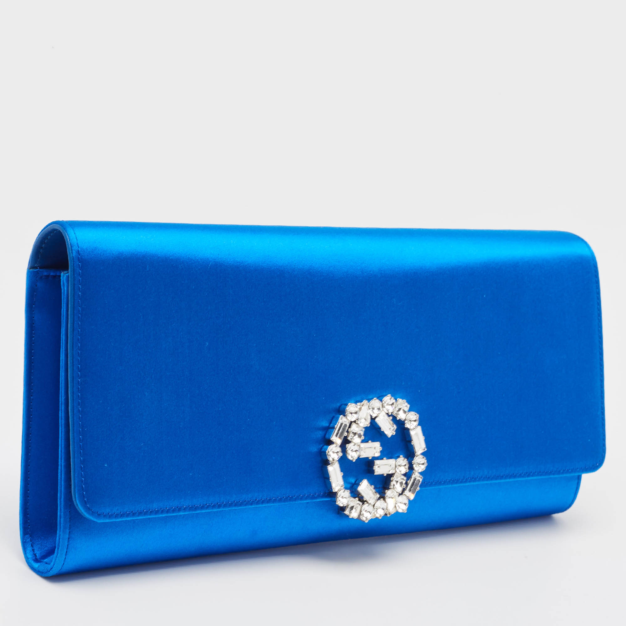 Gucci Royal Blue Satin GG Crystals Broadway Clutch