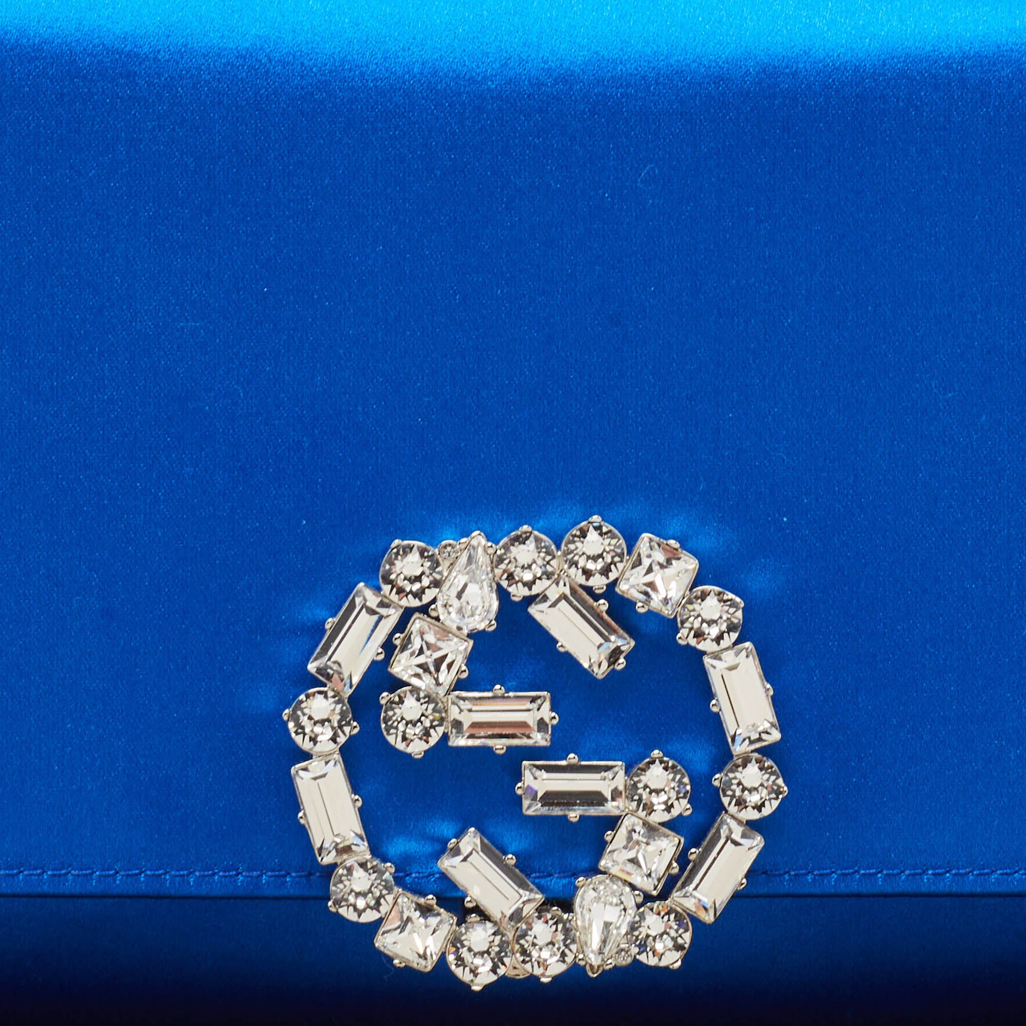 Gucci Royal Blue Satin GG Crystals Broadway Clutch