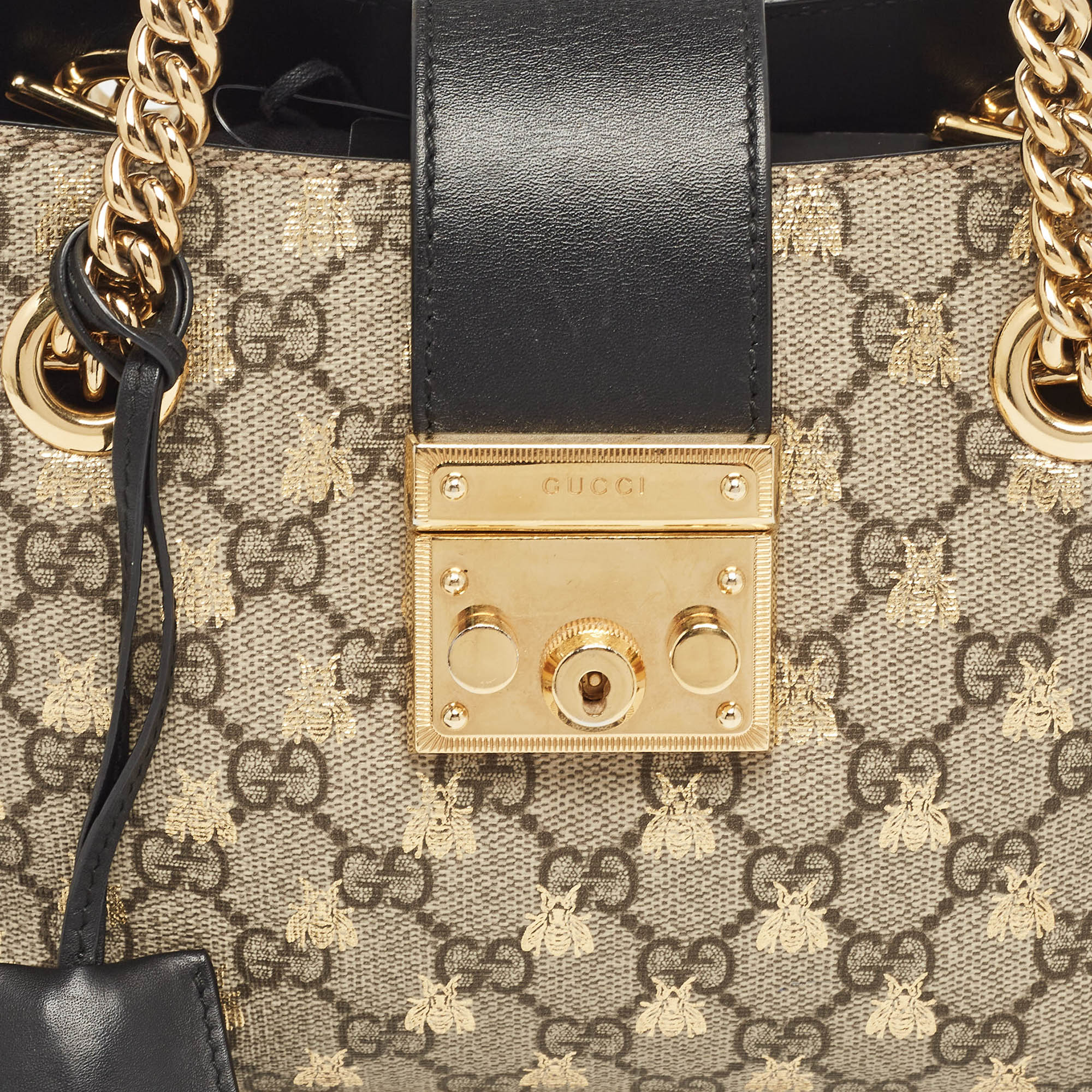 Gucci Black/Beige GG Supreme Canvas And Leather Small Padlock Bee Tote