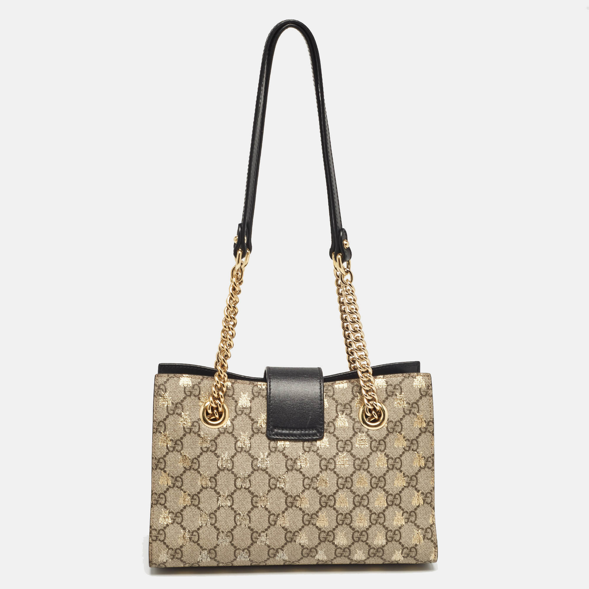 Gucci Black/Beige GG Supreme Canvas And Leather Small Padlock Bee Tote