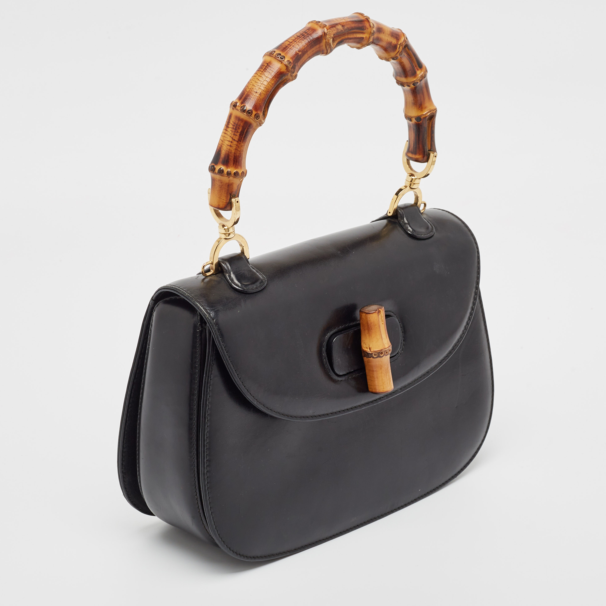 Gucci Black Leather Vintage Bamboo Top Handle Bag