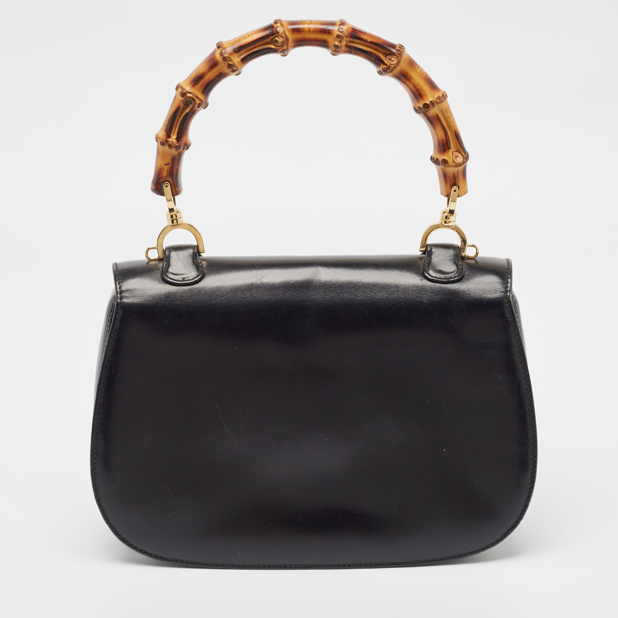 Gucci Black Leather Vintage Bamboo Top Handle Bag