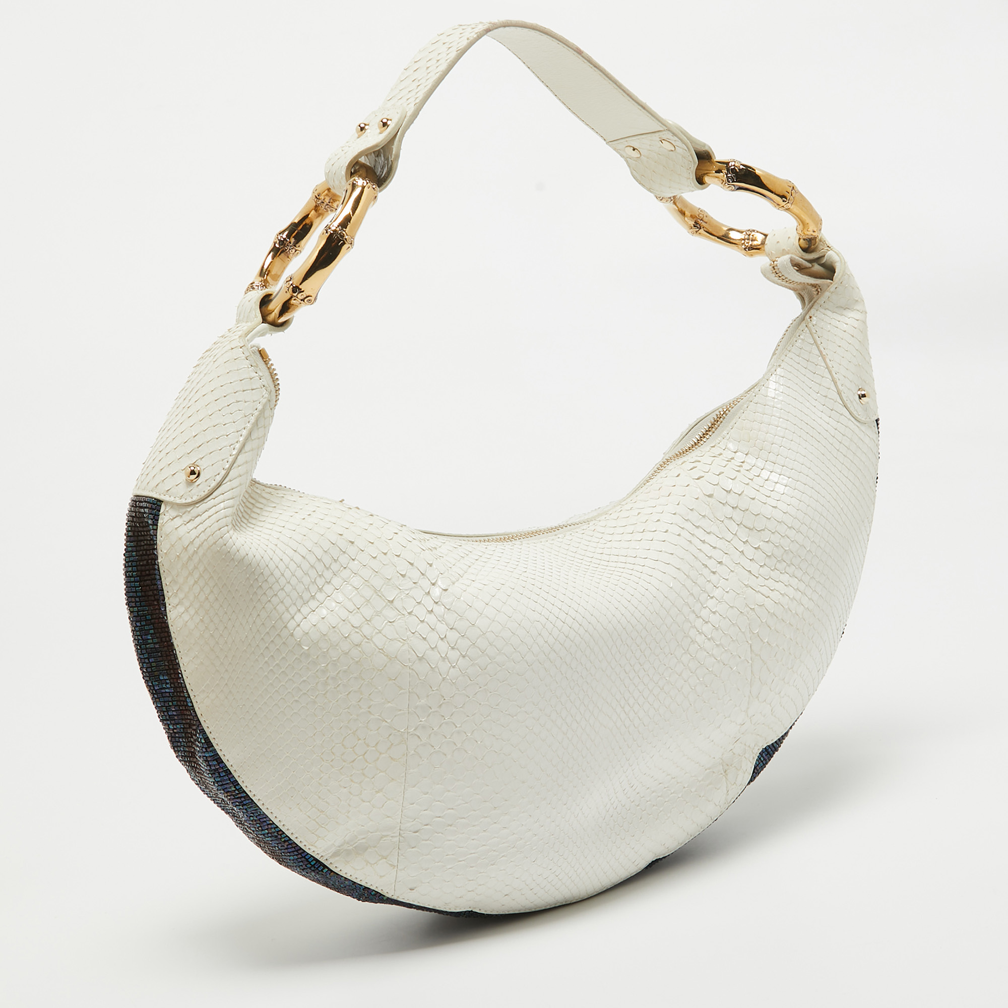 Gucci White Python And Beads Bamboo Ring Hobo