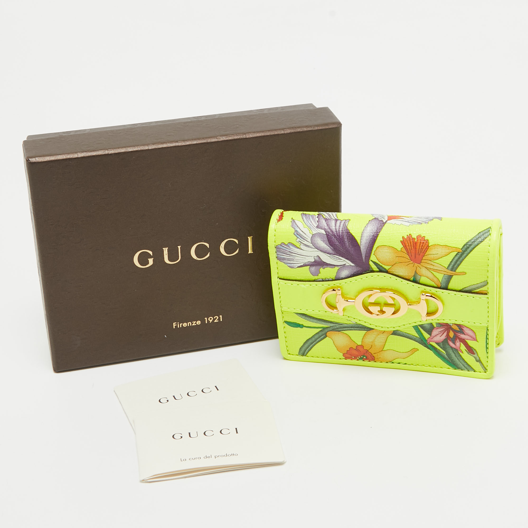 Gucci Neon Yellow Floral Print Canvas And Leather Zumi Card Holder