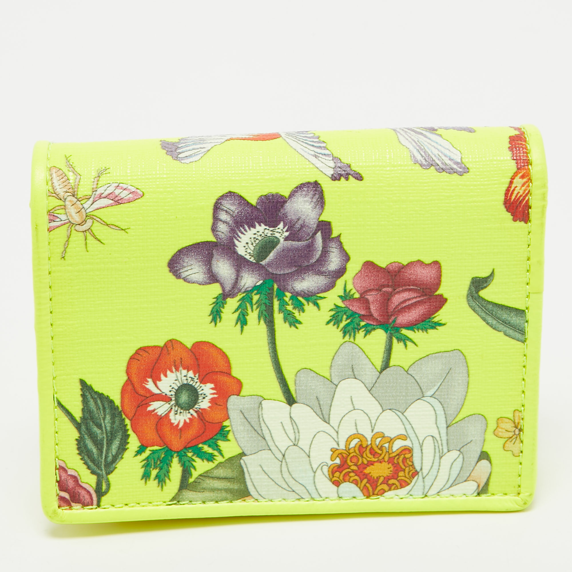 Gucci Neon Yellow Floral Print Canvas And Leather Zumi Card Holder