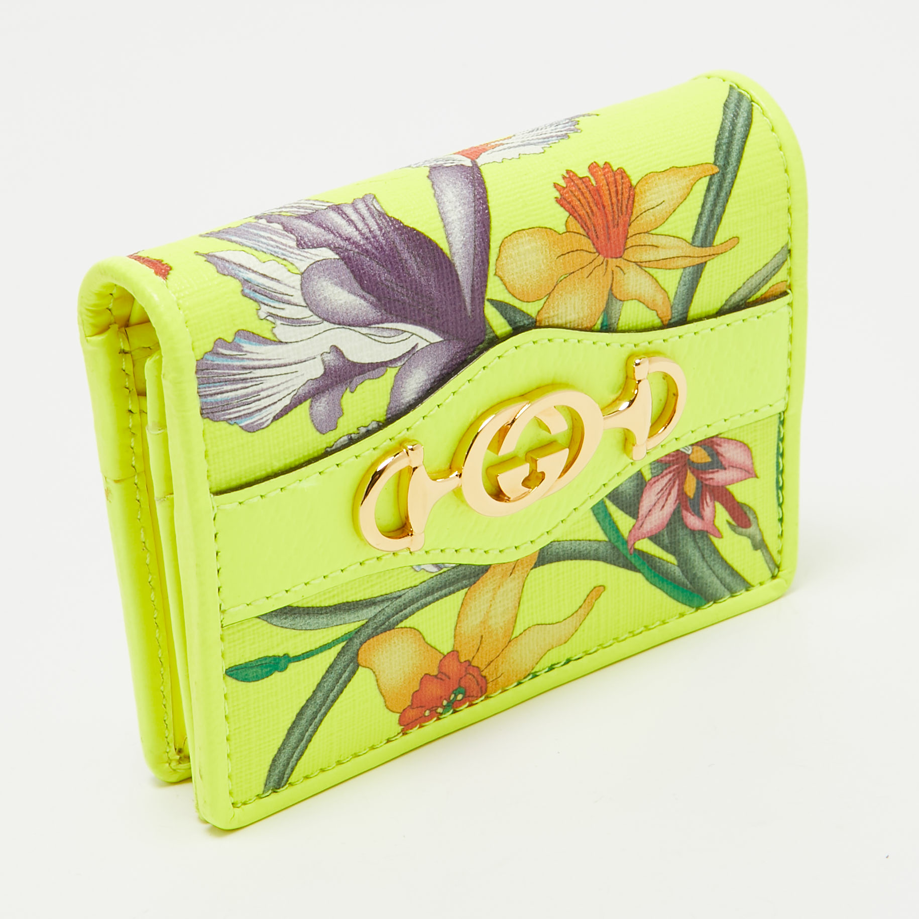 Gucci Neon Yellow Floral Print Canvas And Leather Zumi Card Holder