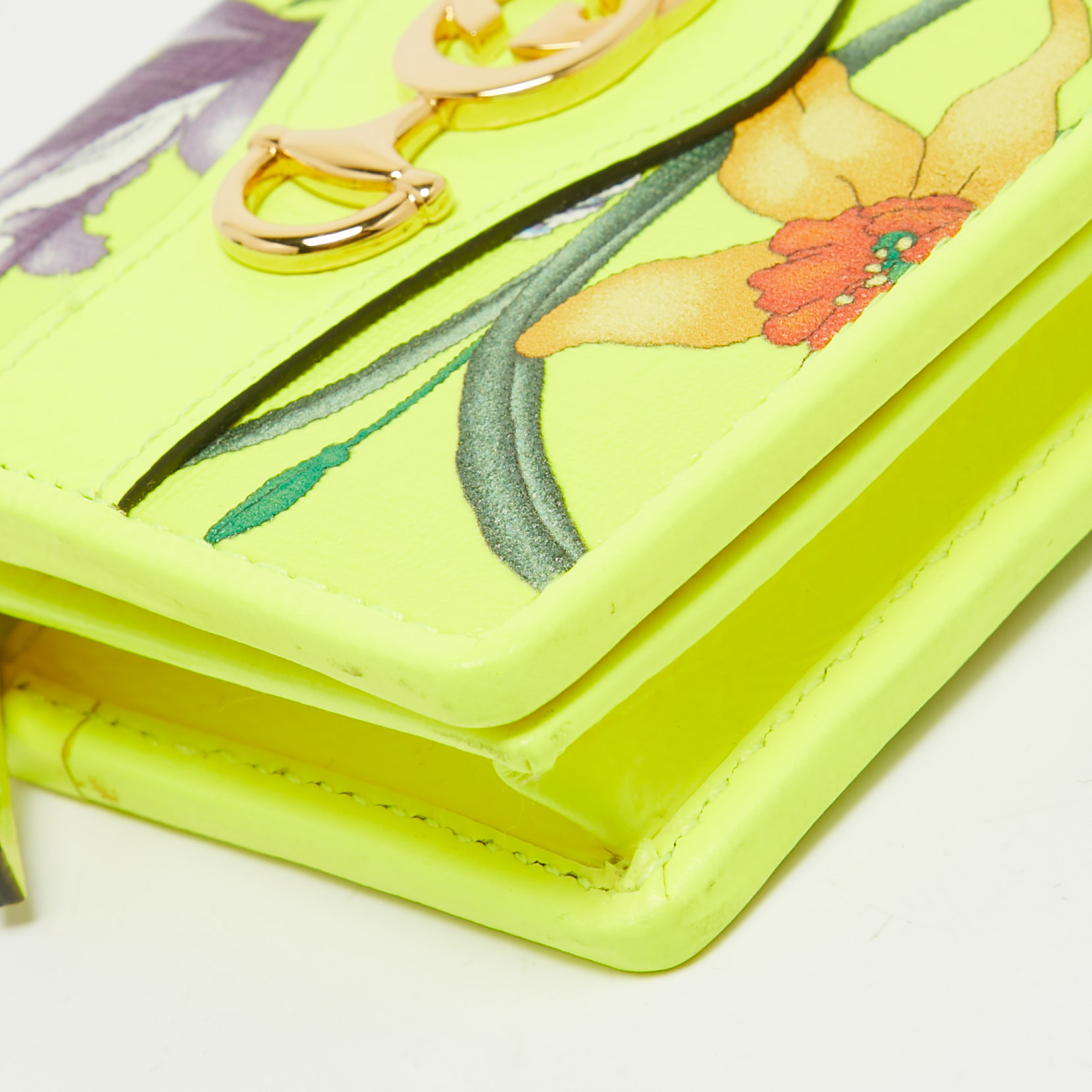 Gucci Neon Yellow Floral Print Canvas And Leather Zumi Card Holder