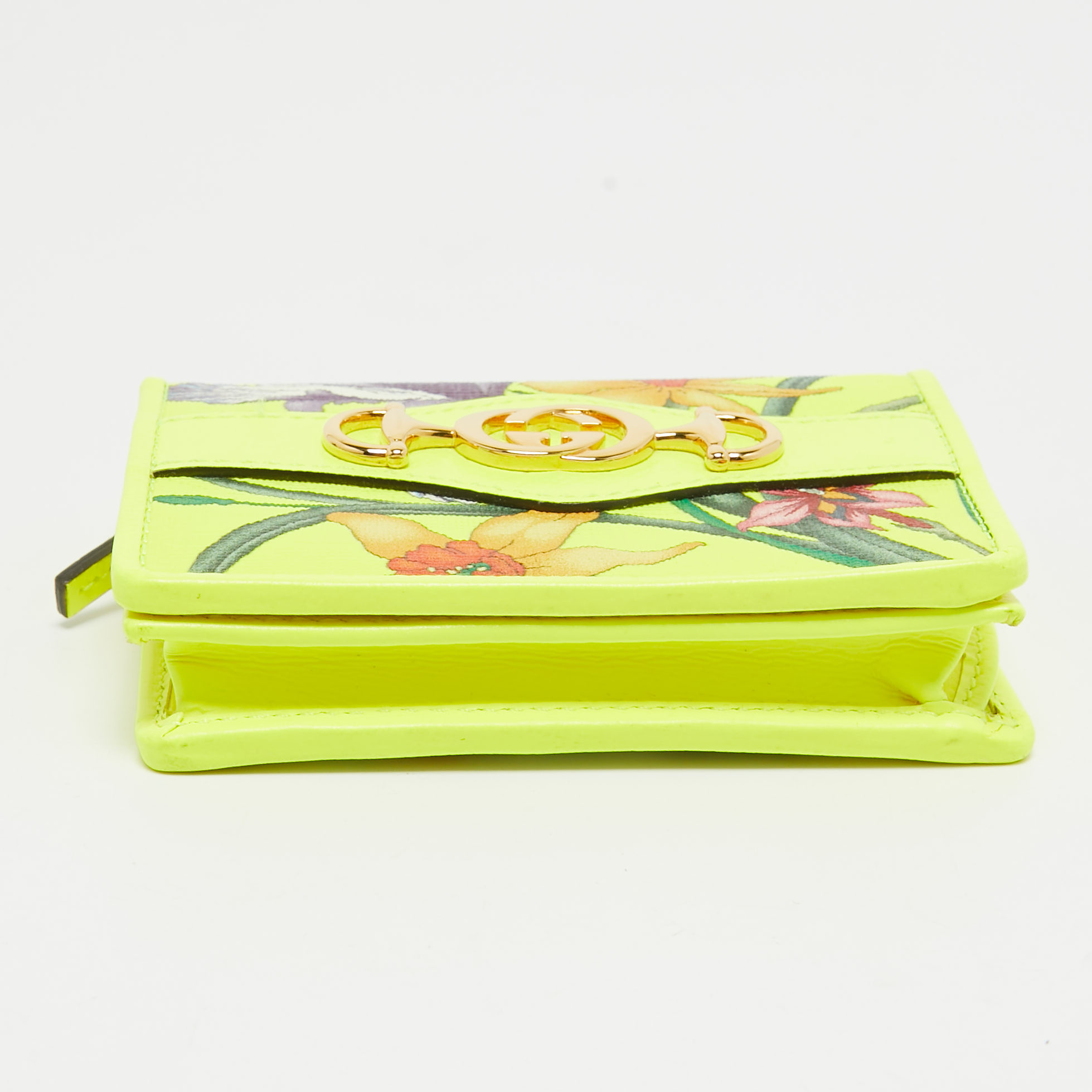 Gucci Neon Yellow Floral Print Canvas And Leather Zumi Card Holder