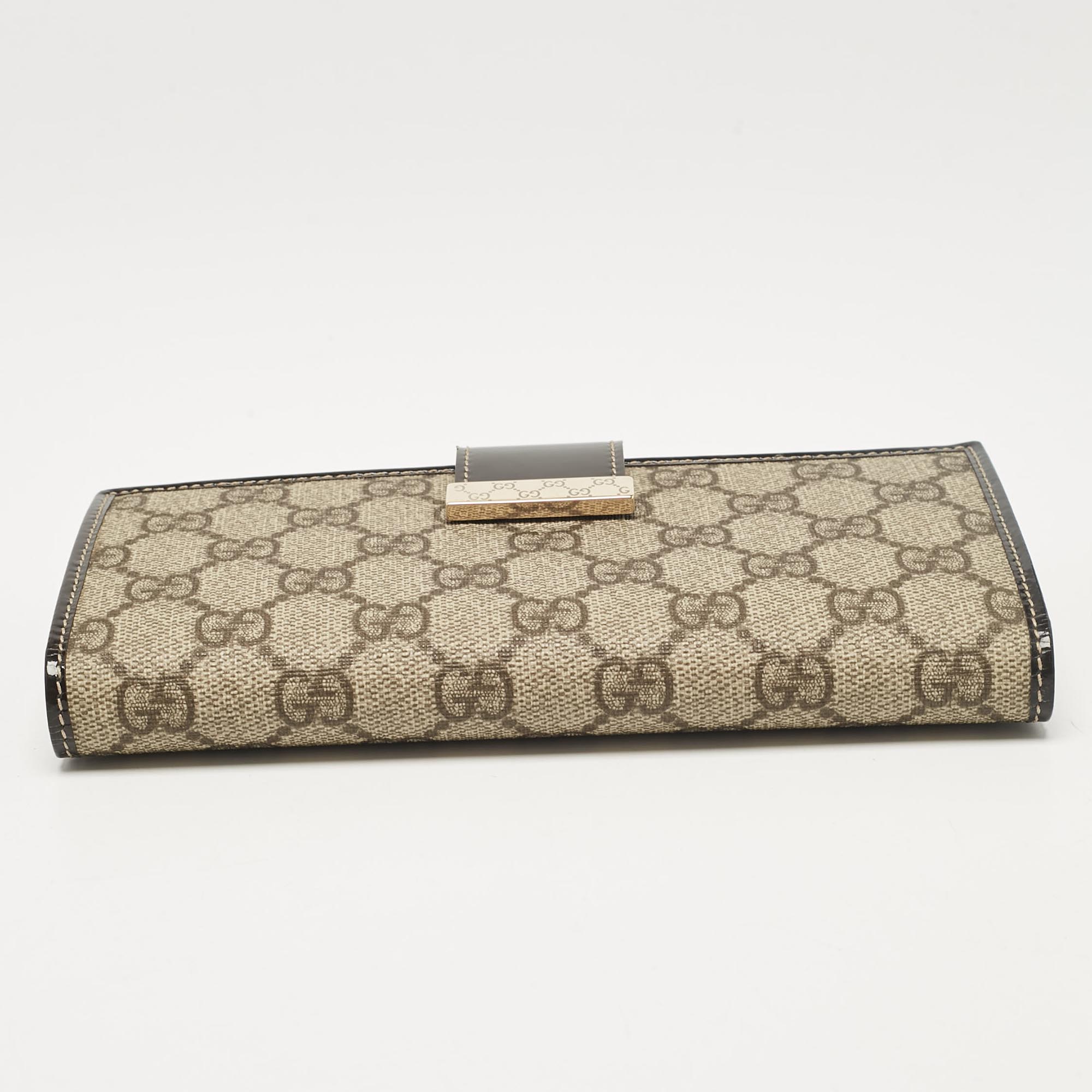 Gucci Brown/Beige GG Supreme Canvas And Patent Leather Metal Flap Continental Wallet