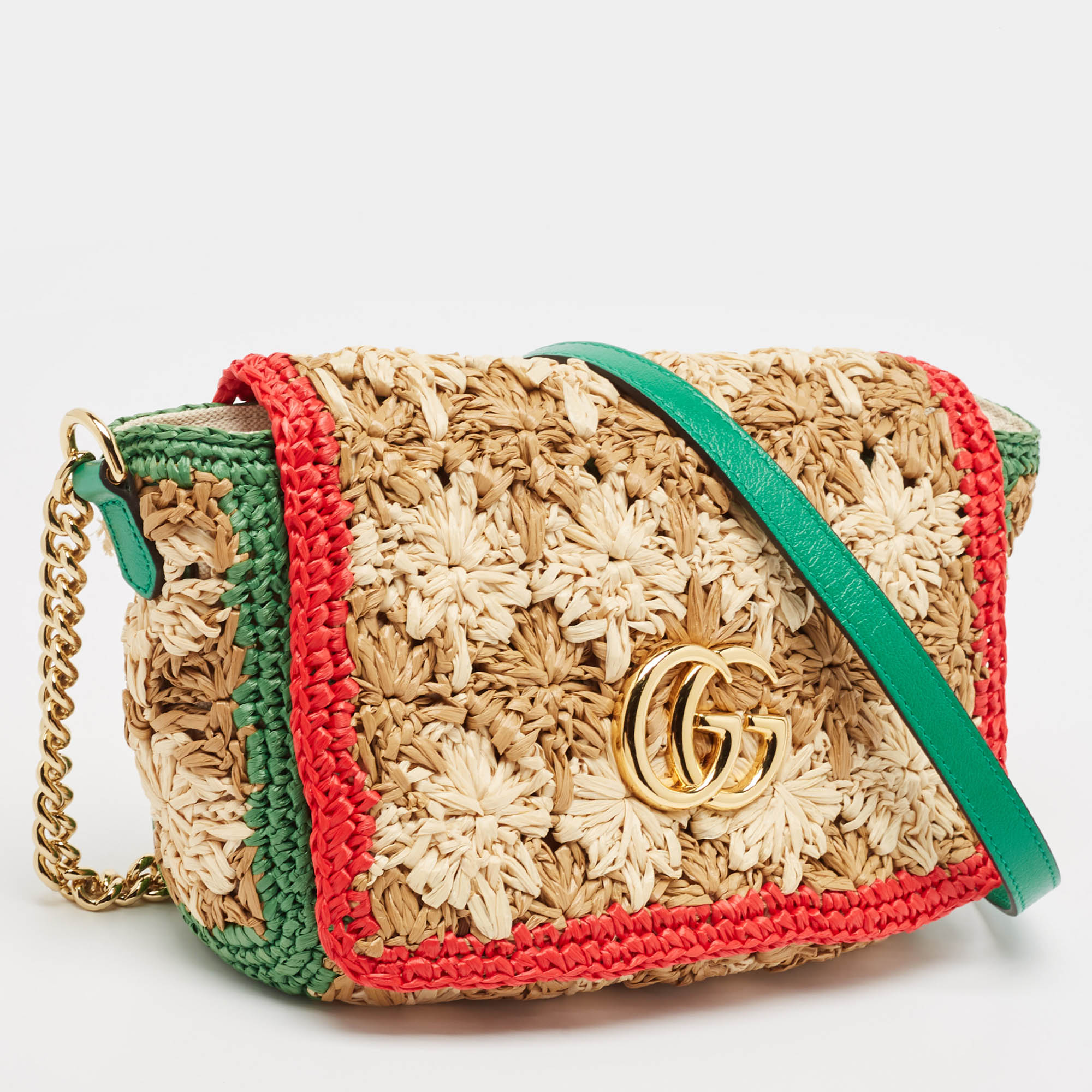 Gucci Multicolor Straw And Leather GG Marmont Crochet Shoulder Bag