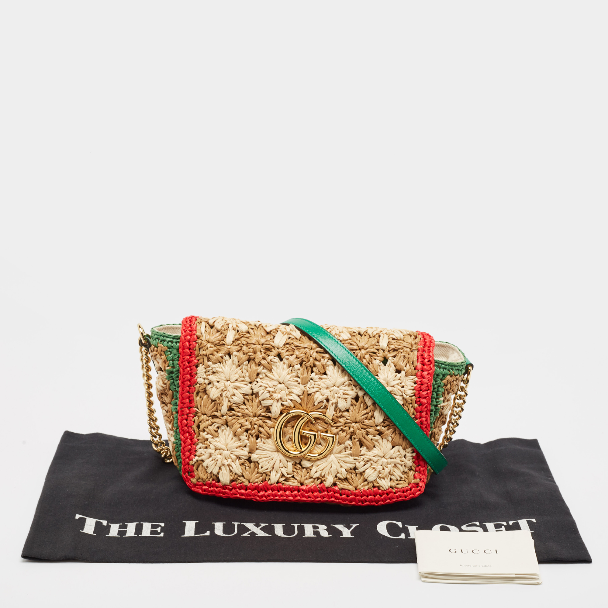 Gucci Multicolor Straw And Leather GG Marmont Crochet Shoulder Bag