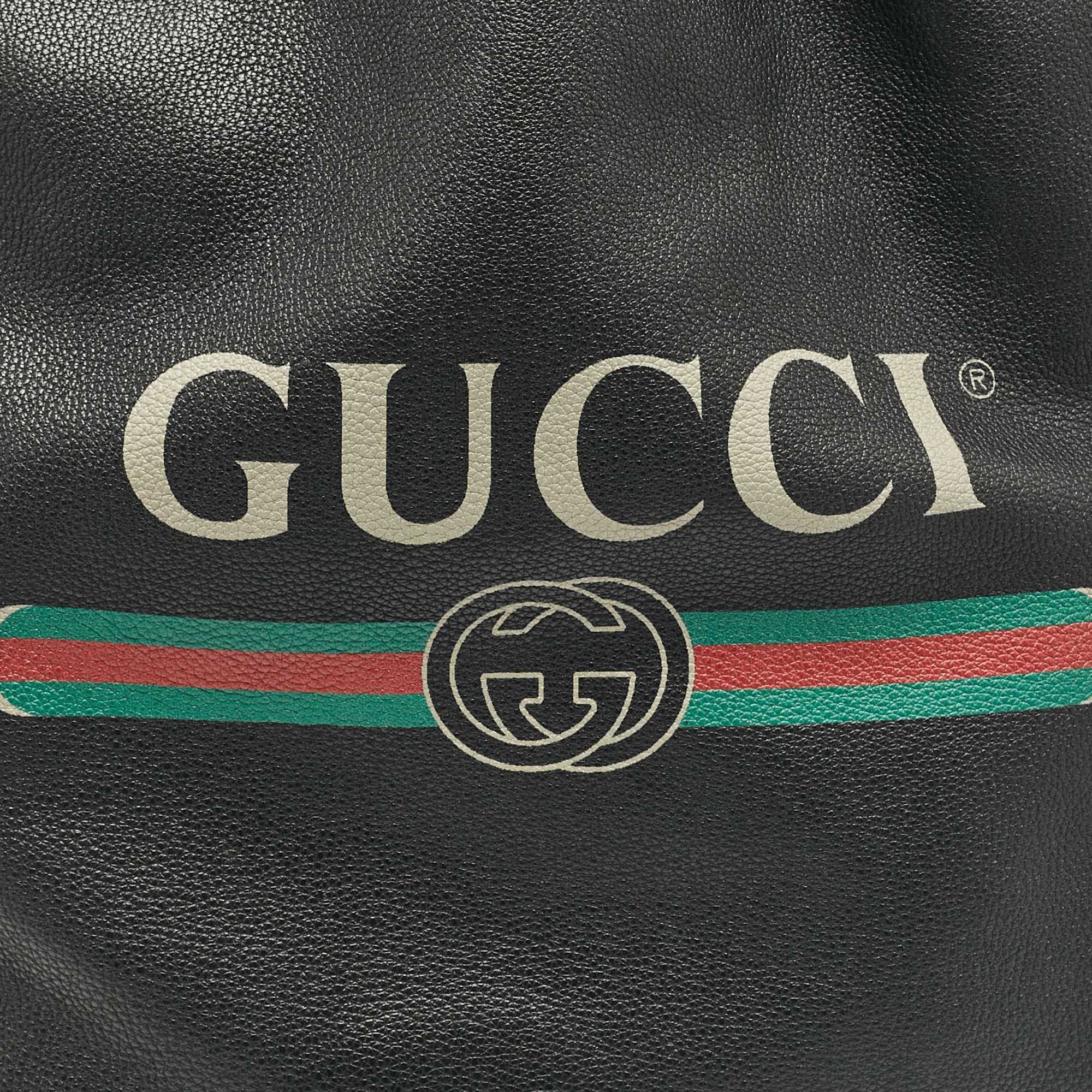 Gucci Black Leather Logo Drawstring Backpack