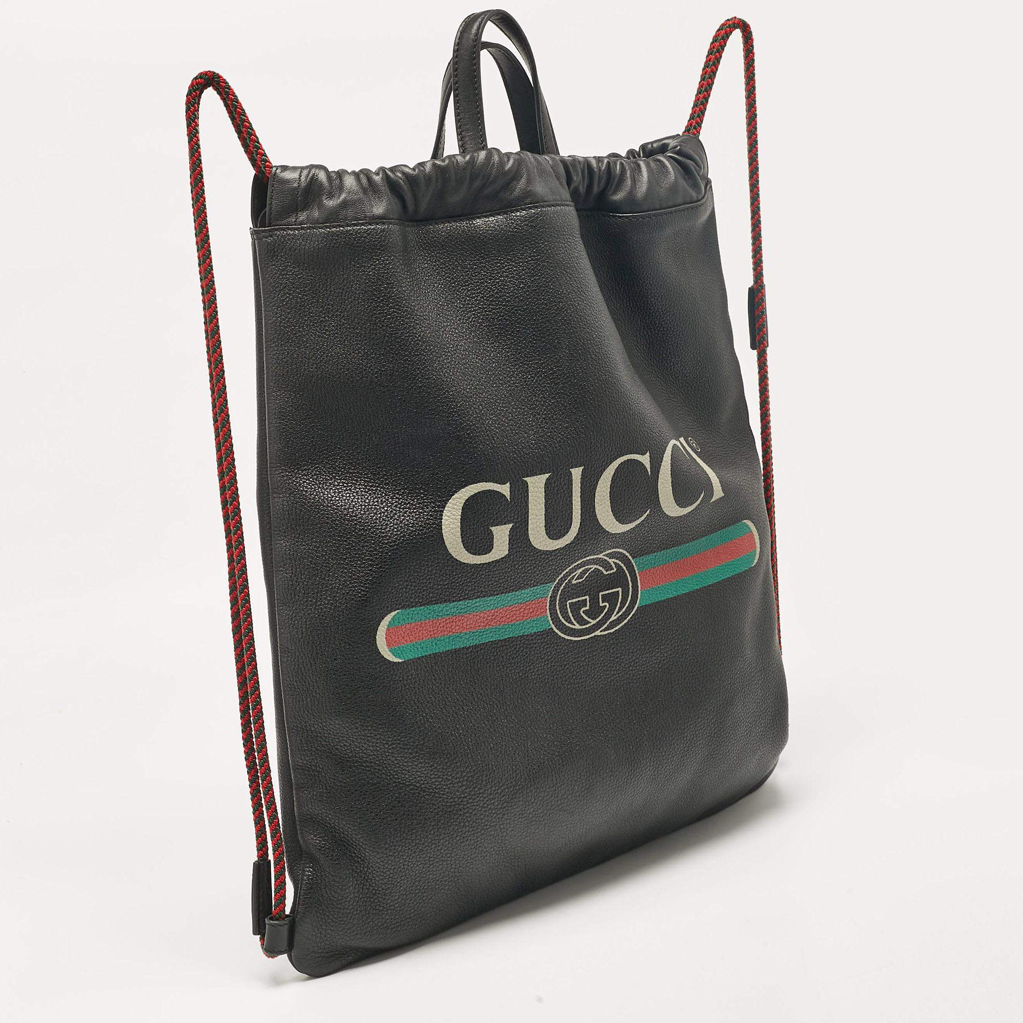 Gucci Black Leather Logo Drawstring Backpack