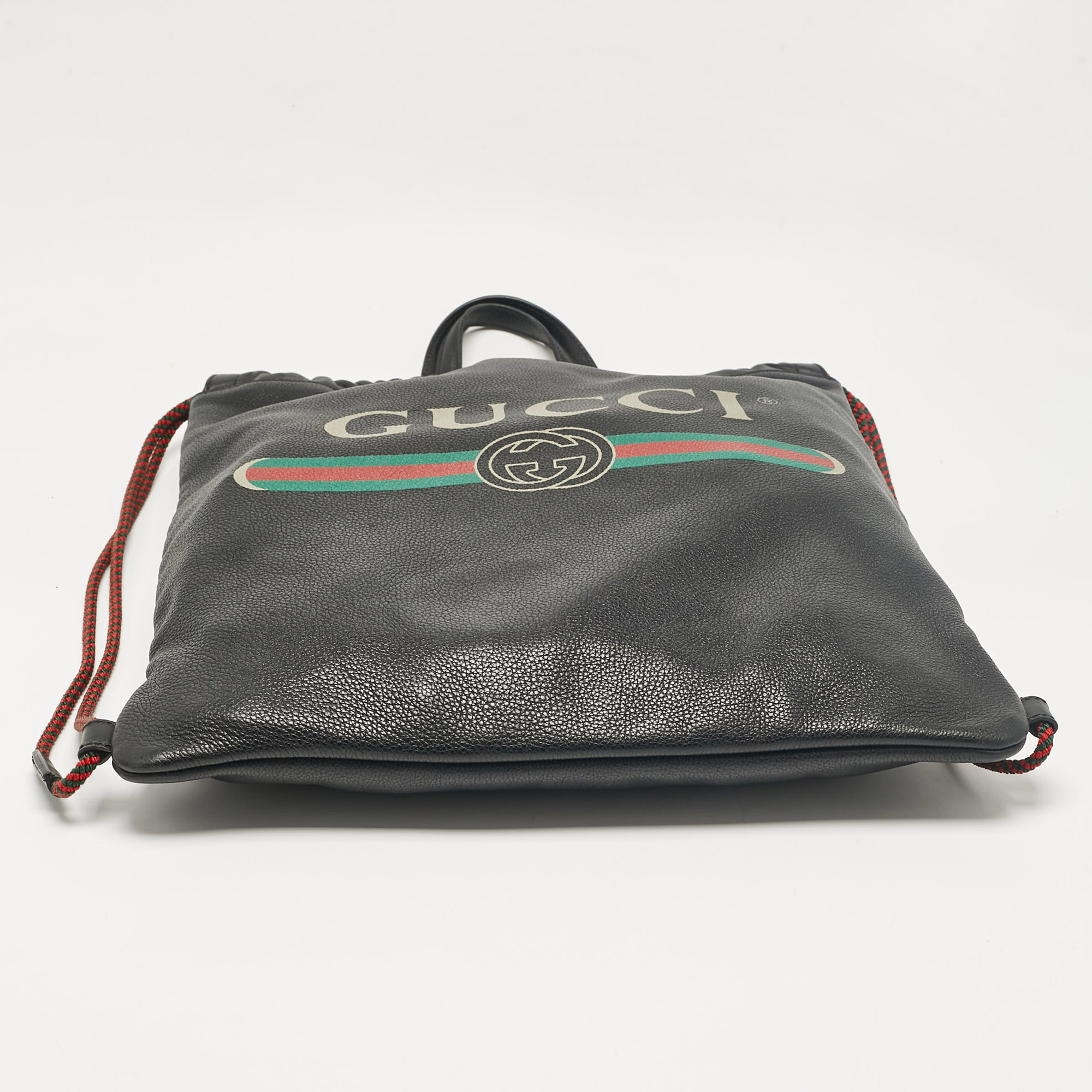 Gucci Black Leather Logo Drawstring Backpack