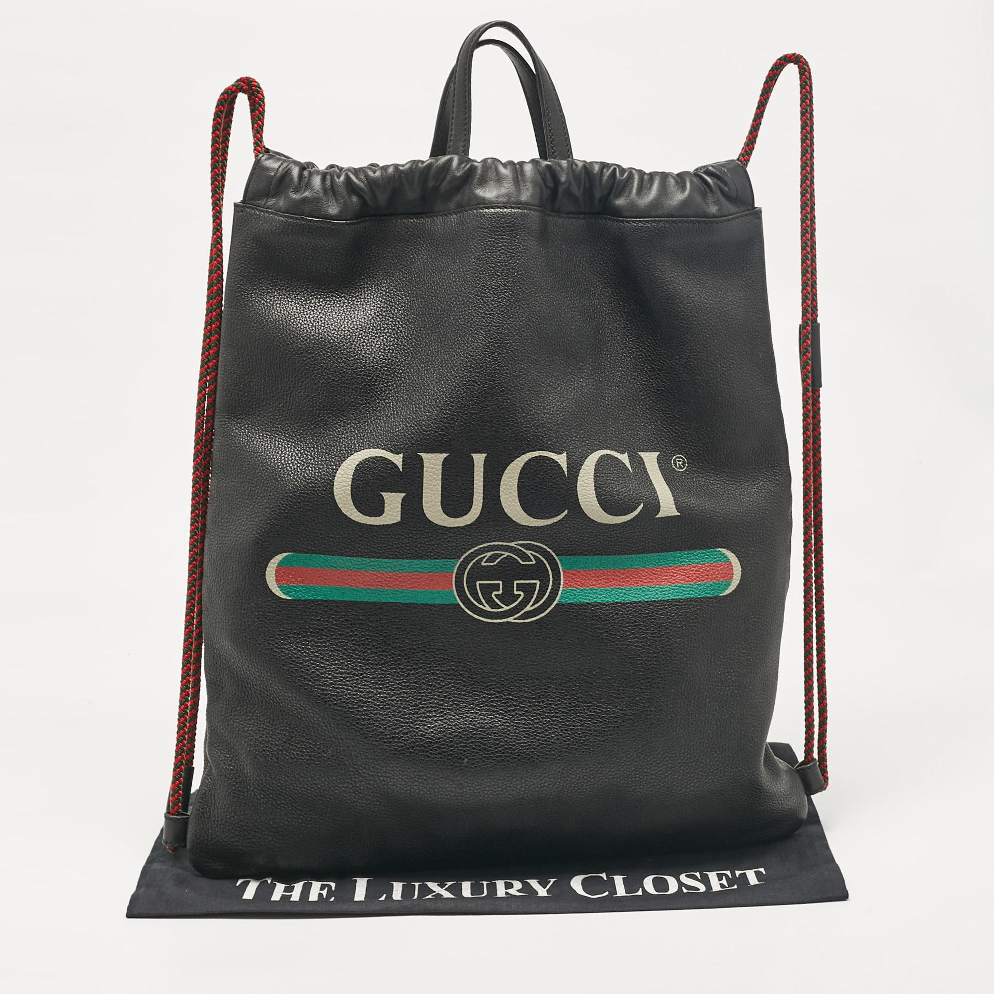 Gucci Black Leather Logo Drawstring Backpack