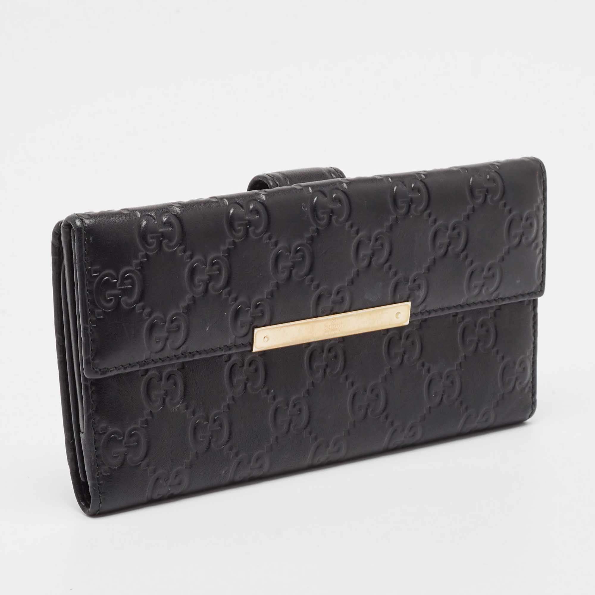 Gucci Black Guccissima Leather Metal Bar Continental Wallet