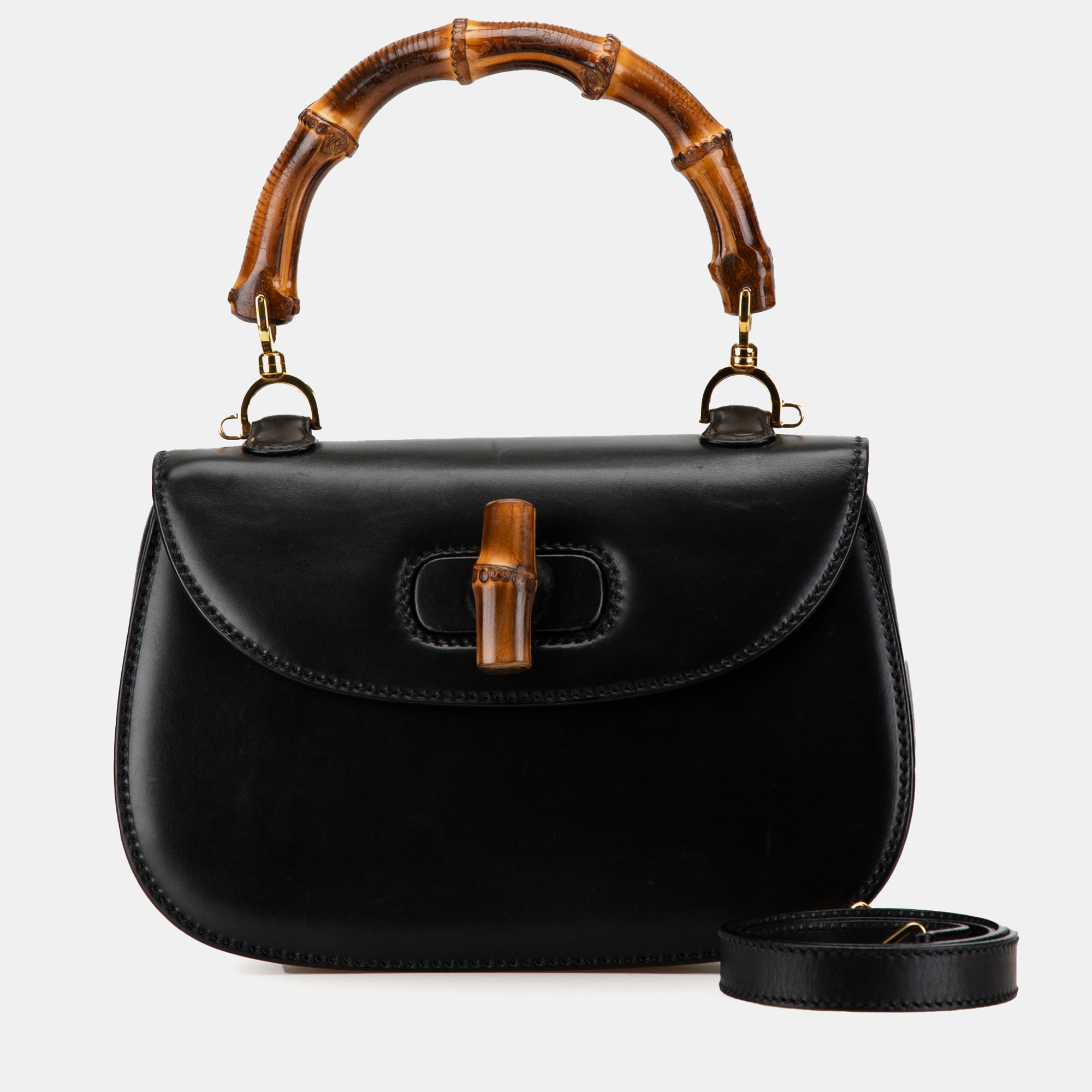 Gucci Black Calfskin Bamboo Top Handle Bag