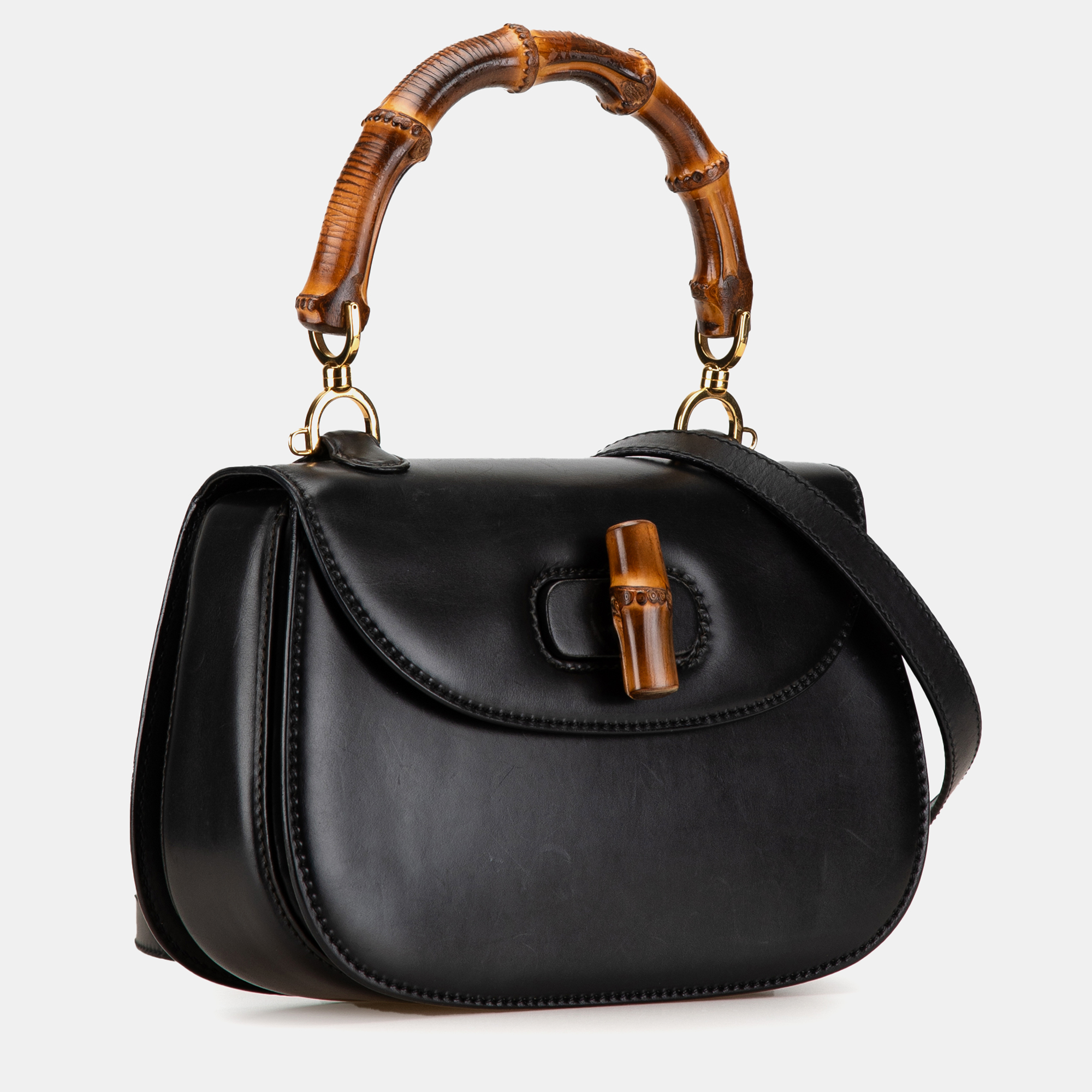 Gucci Black Calfskin Bamboo Top Handle Bag