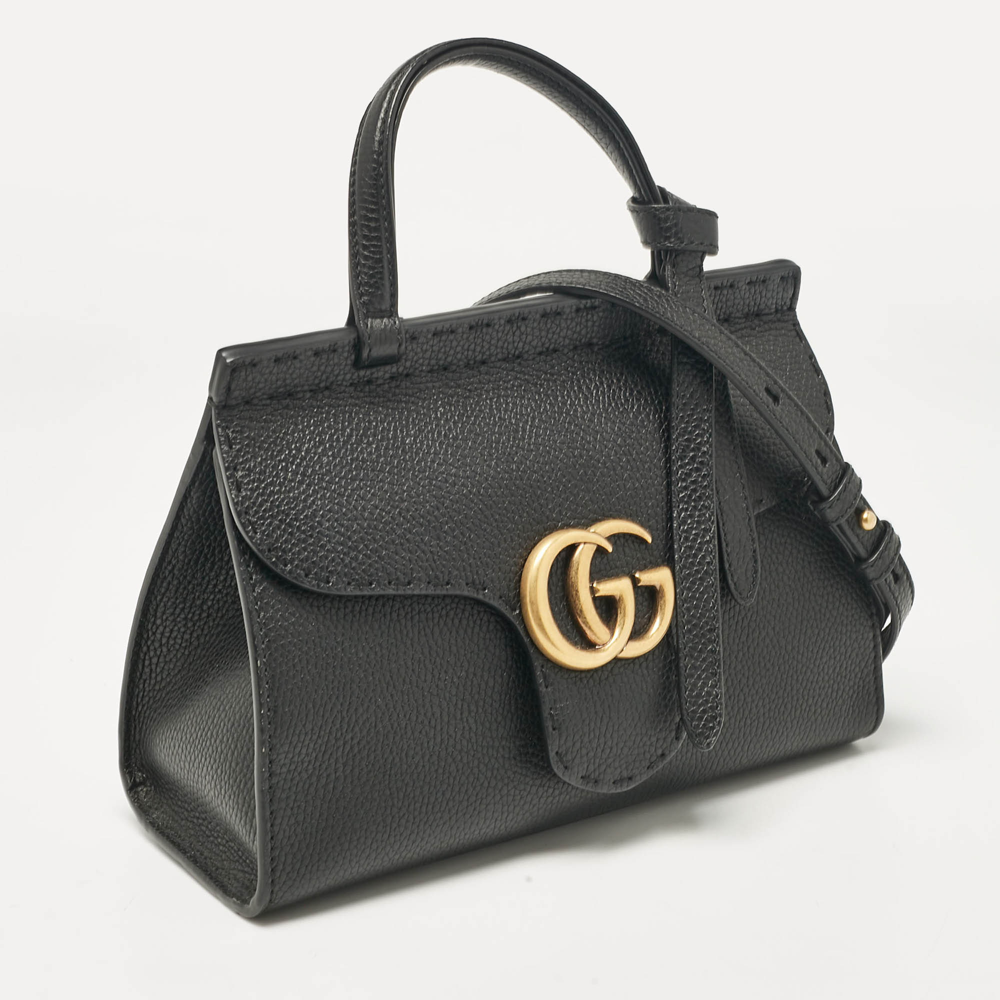 Gucci Black Leather Mini GG Marmont Top Handle Bag