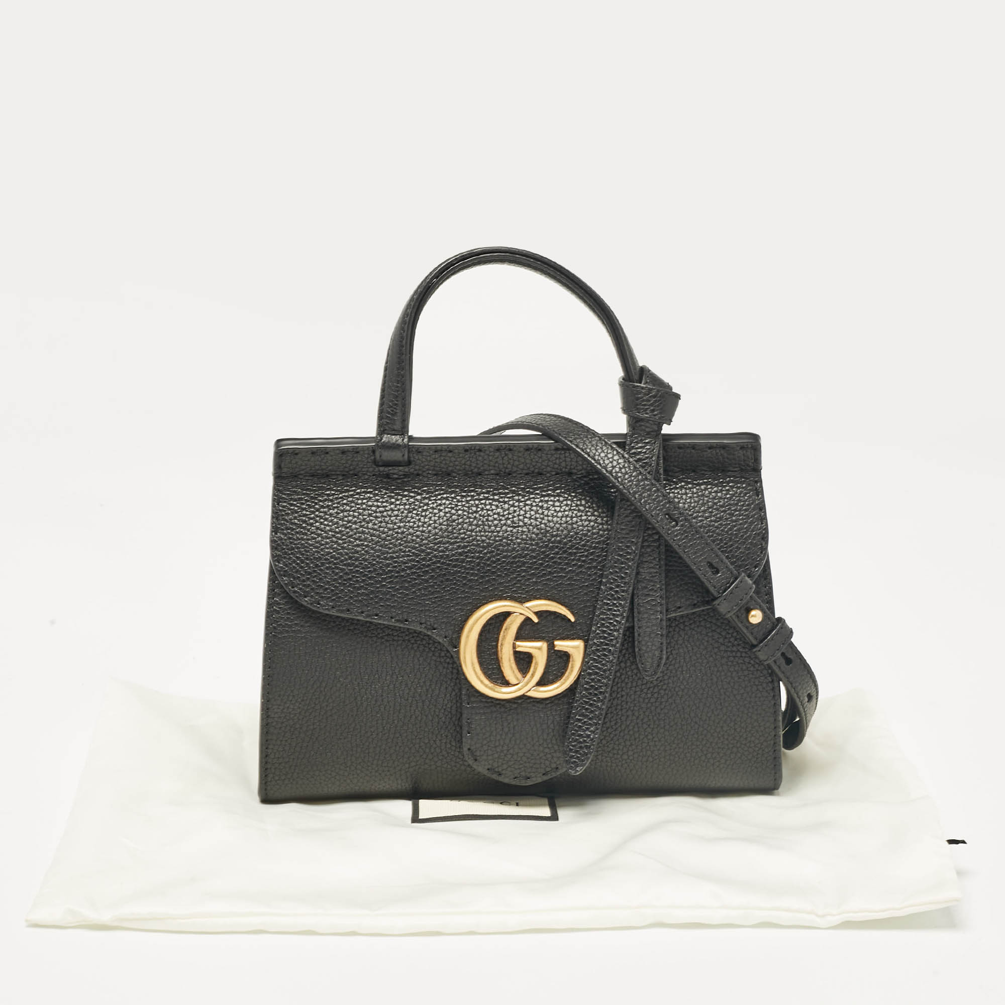 Gucci Black Leather Mini GG Marmont Top Handle Bag