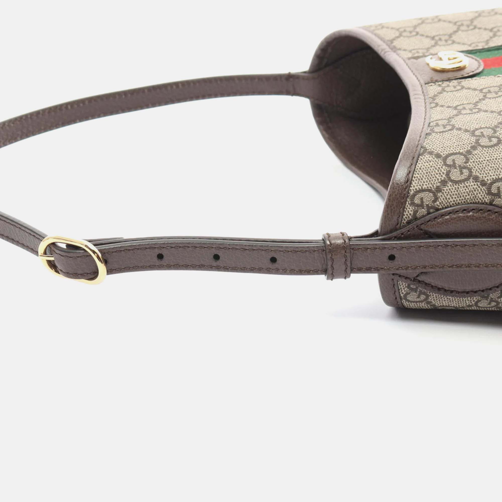 Gucci Beige Brown Multicolor Coated Canvas Leather Ophidia GG Supreme Small Shoulder Bag