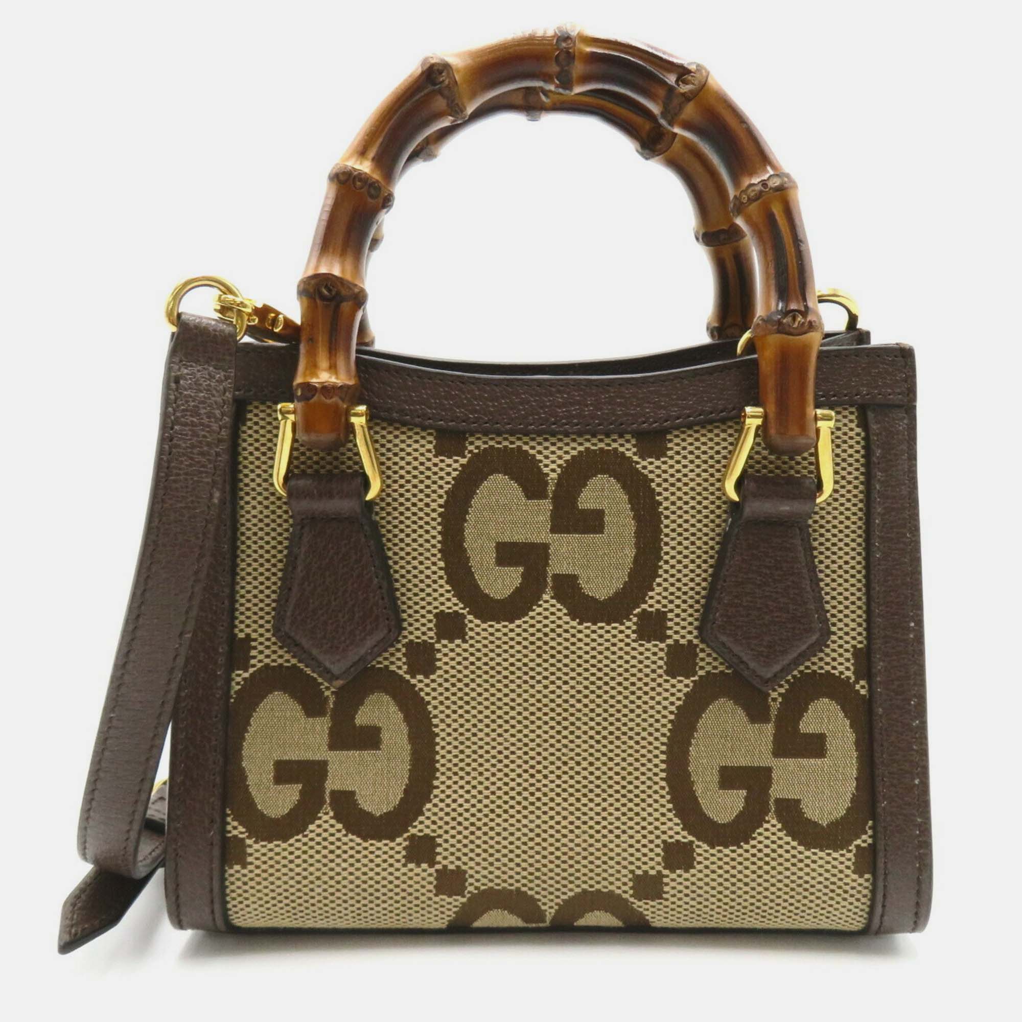 Gucci Beige Brown Canvas Leather Jumbo GG Bamboo Handle Bag