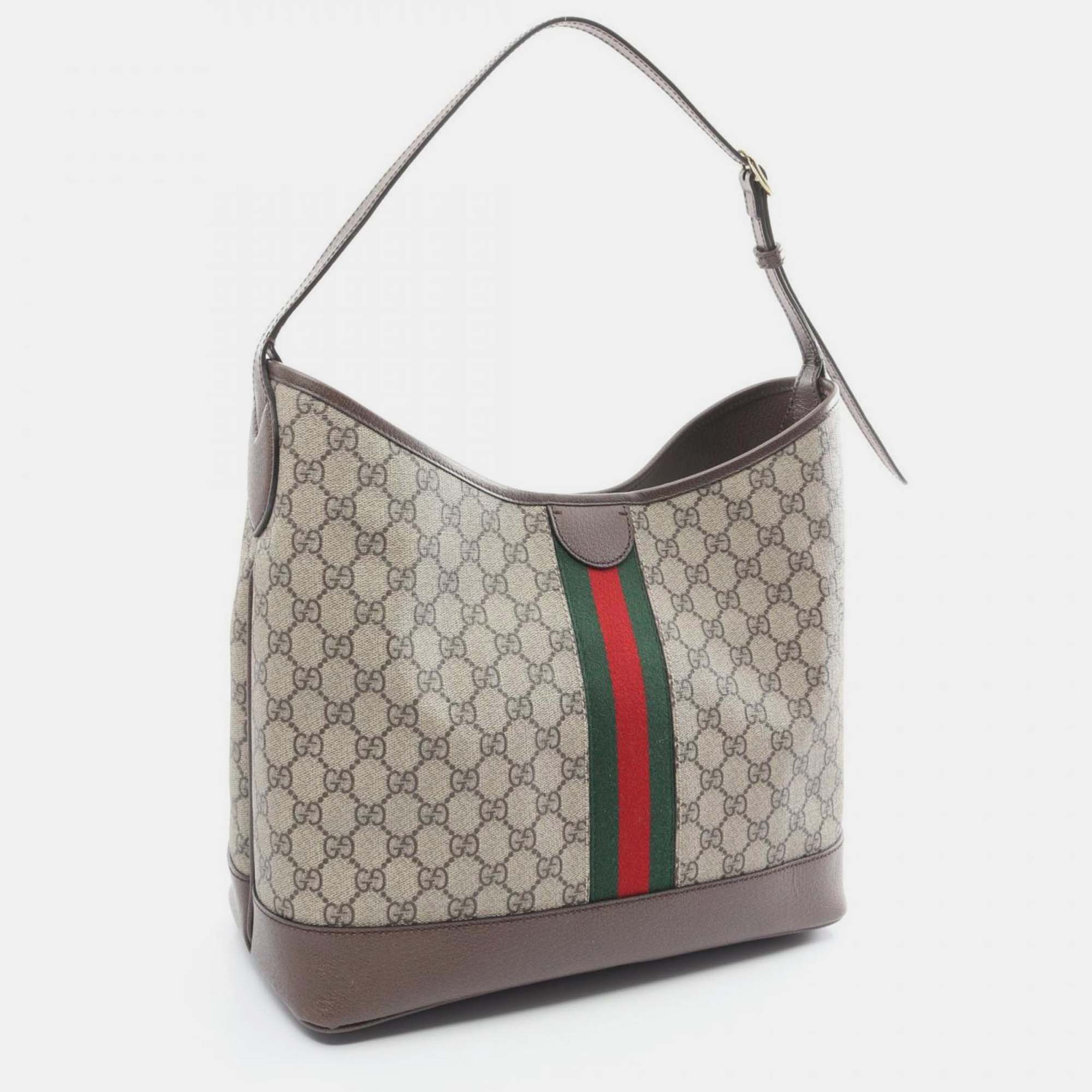 Gucci Beige Brown Multicolor Coated Canvas Leather Ophidia GG Supreme Medium Shoulder Bag