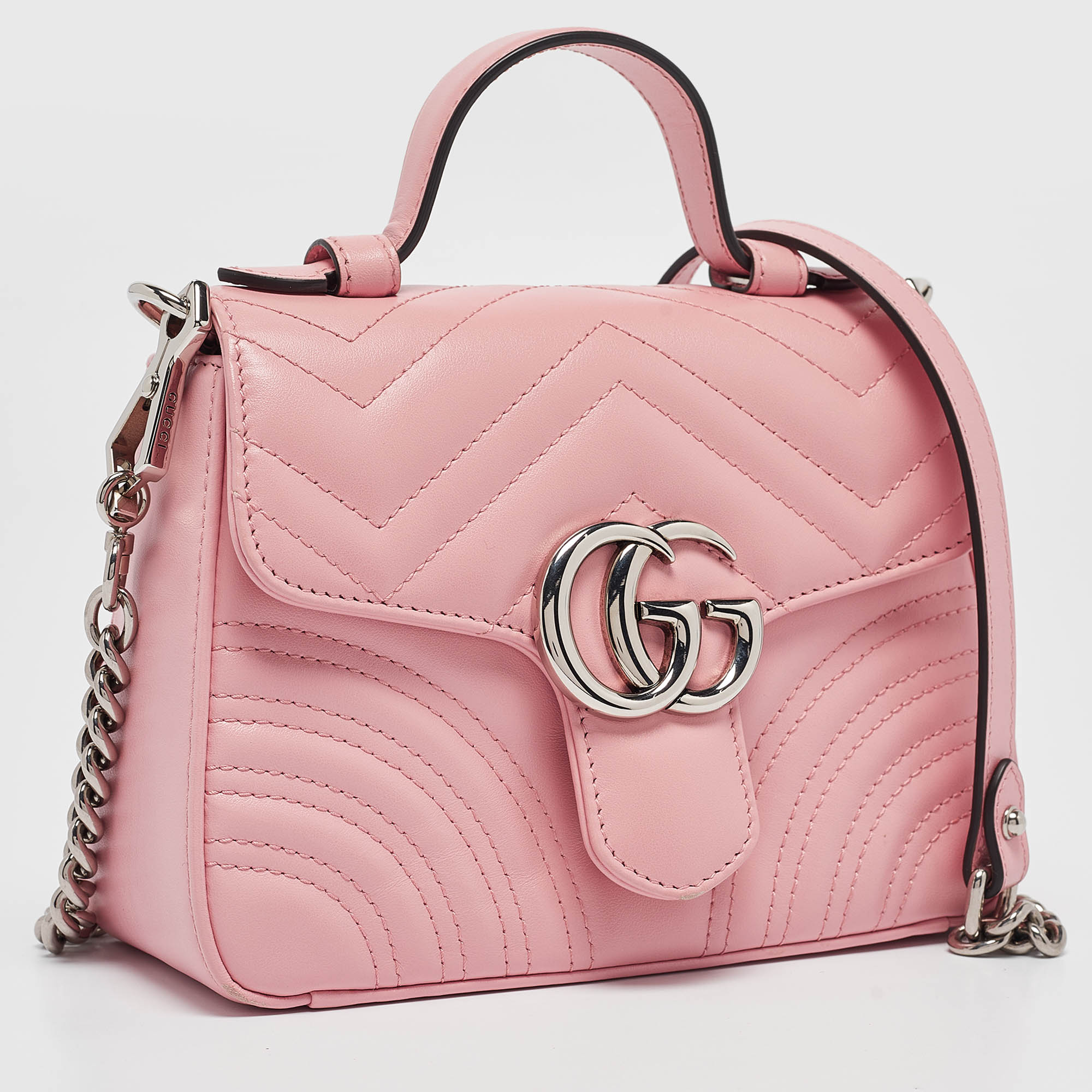 Gucci Pink Matelassé Leather Mini GG Marmont Top Handle Bag