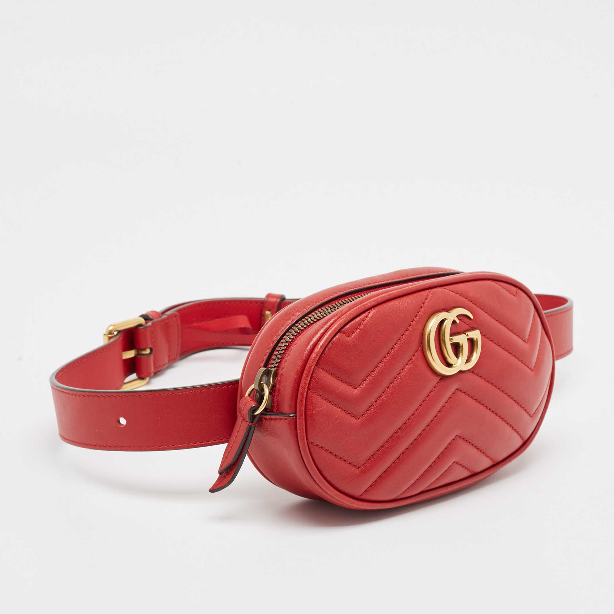 Gucci Red Matelassé Leather Mini GG Marmont Belt Bag