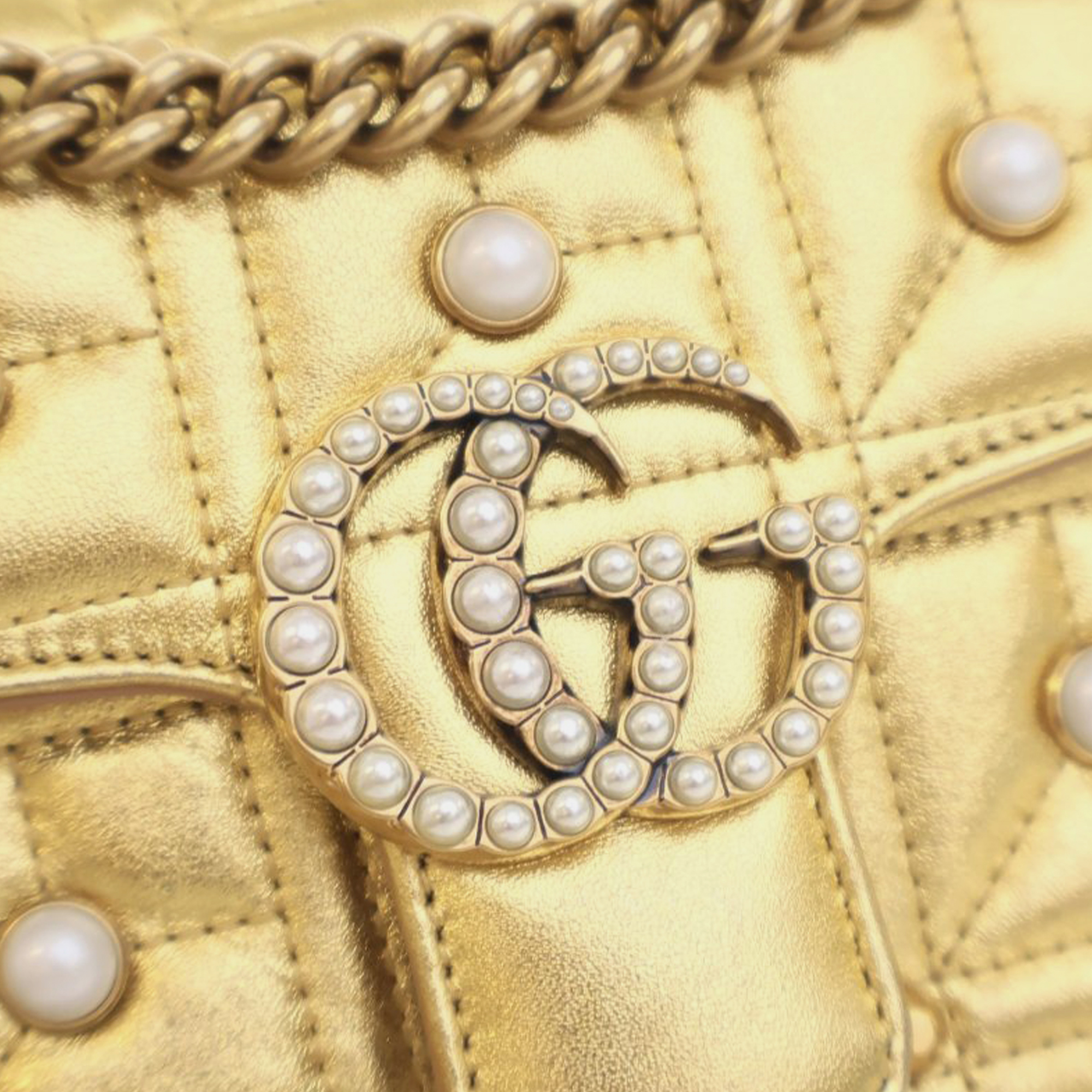 Gucci Gold Leather Mini GG Marmont Pearly Matelasse Crossbody Bag