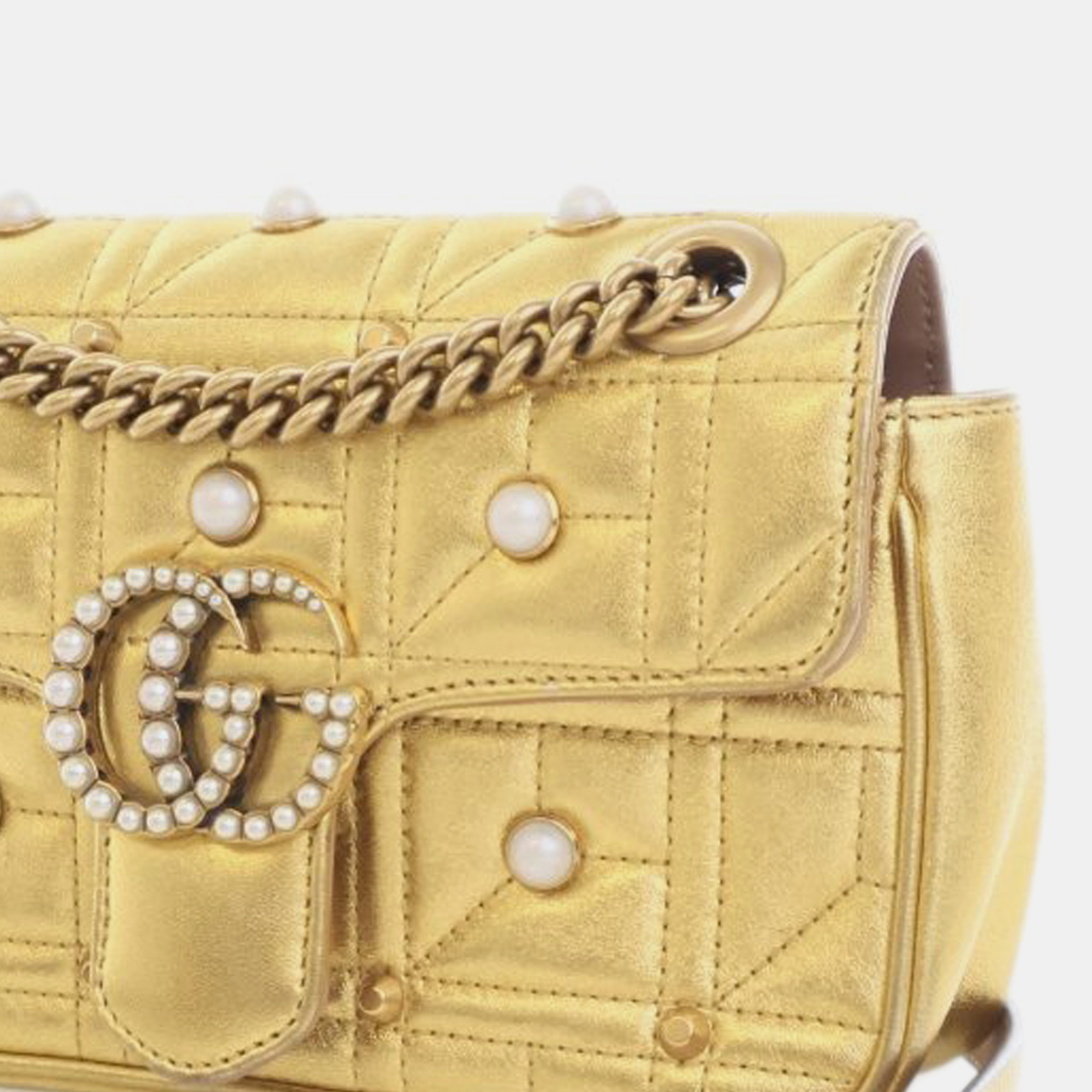 Gucci Gold Leather Mini GG Marmont Pearly Matelasse Crossbody Bag